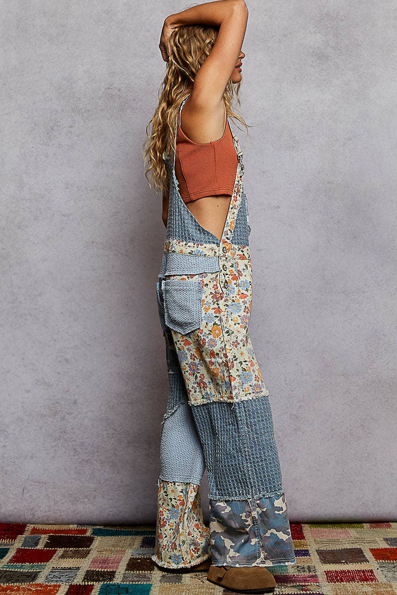Amelia printed floral print frayed edge twill woven overalls