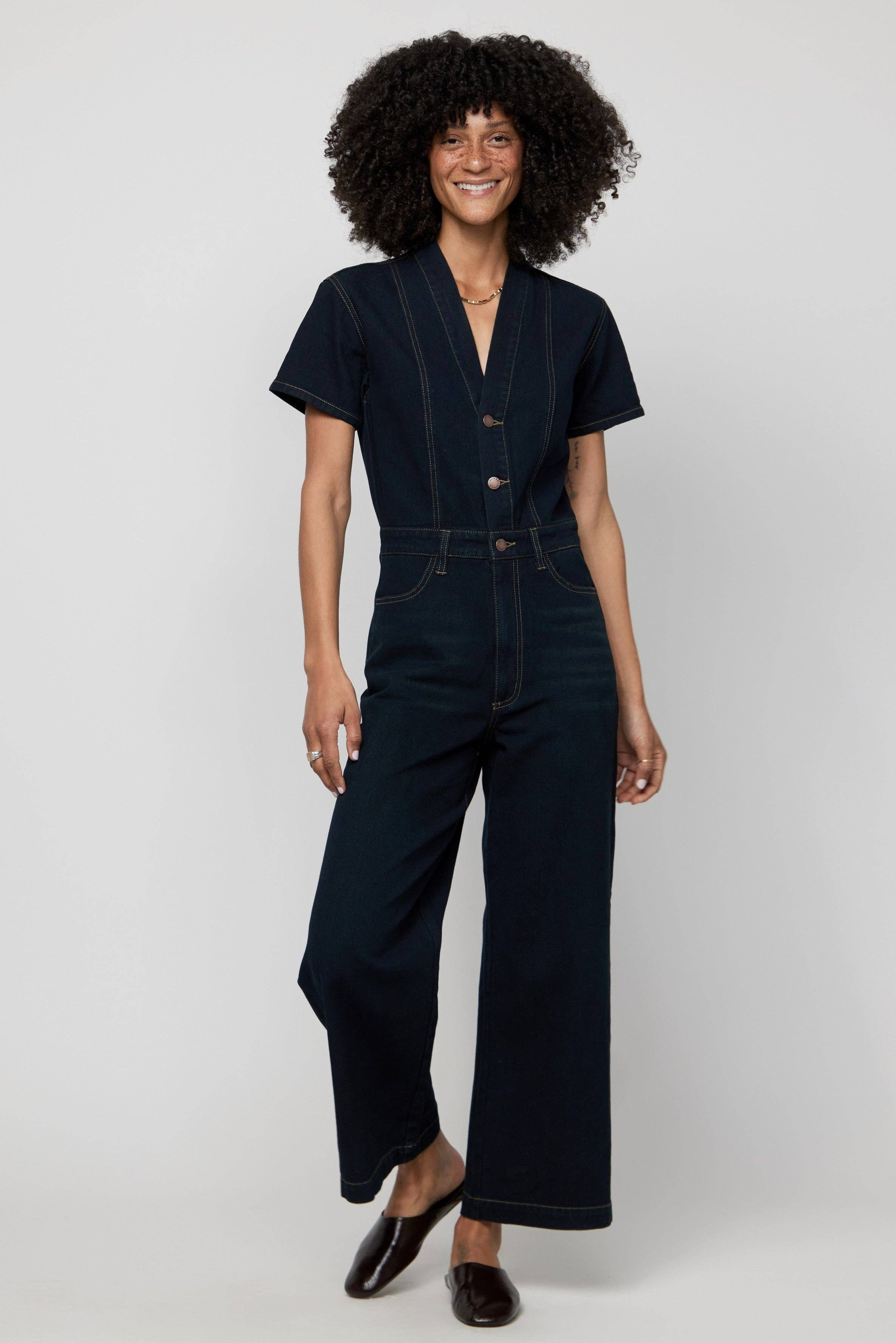 Ashby Short Sleeve Denim Coverall Jumpsuit