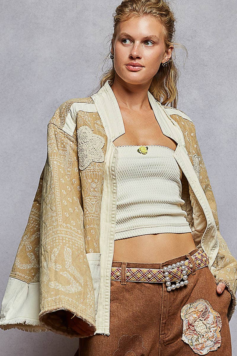 Paisley Pattern Patch Detail Quilted Woven Twill Jacket