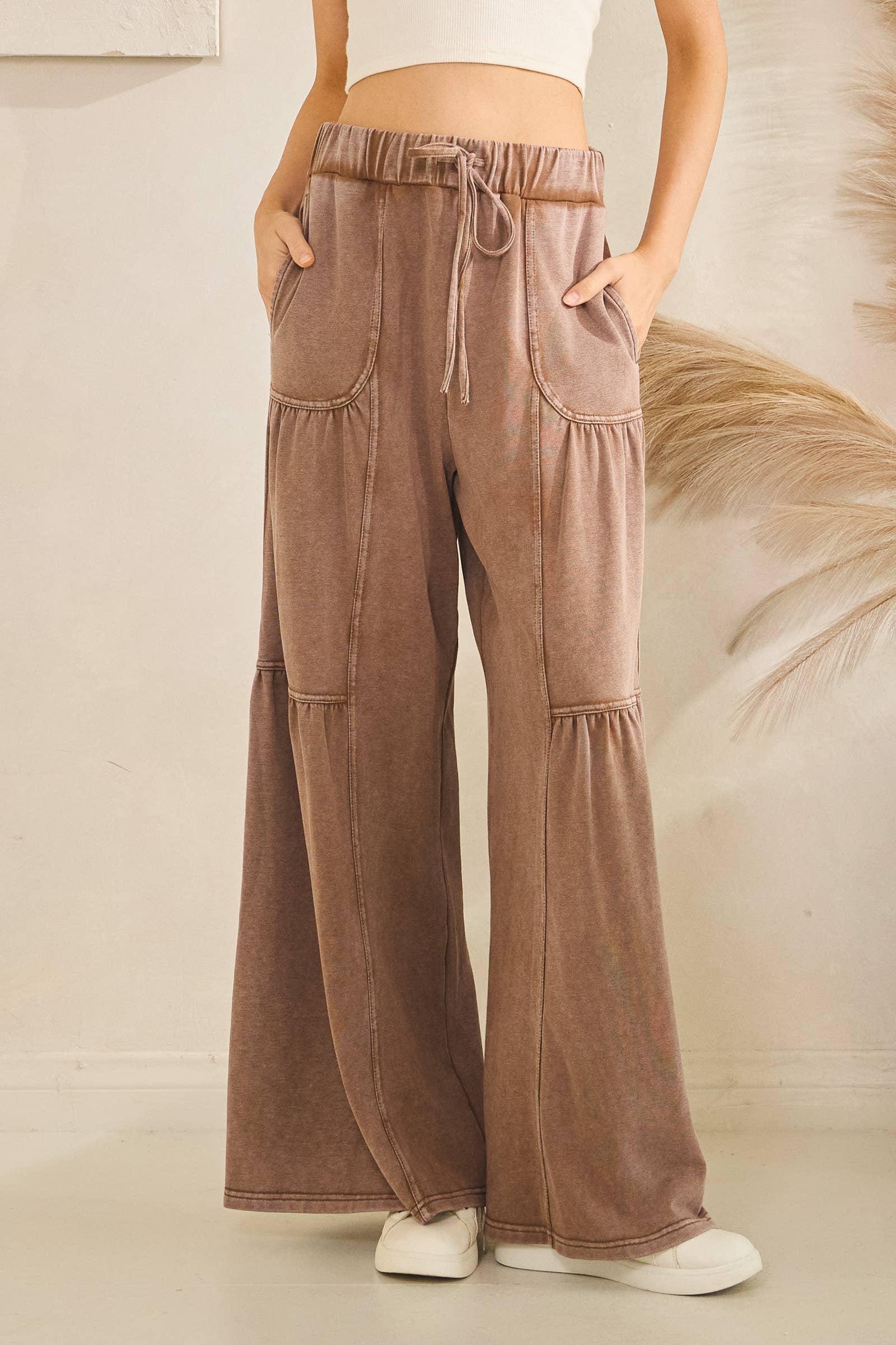 WASHED TIERED WIDE-LEG DRAWSTRING PANTS