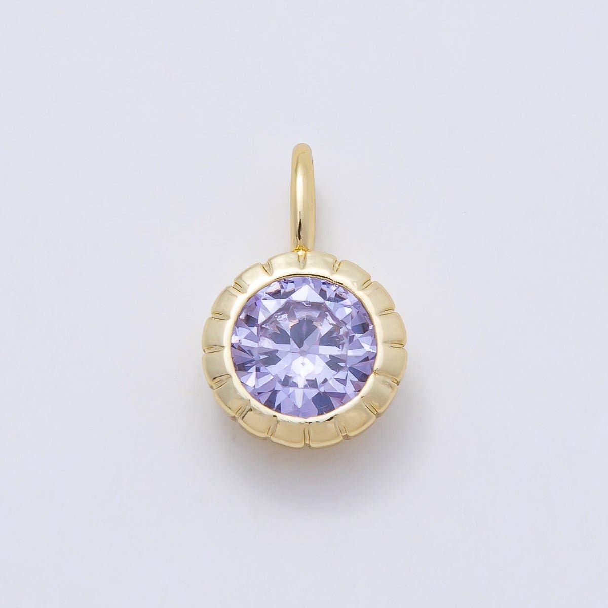 16K Gold Filled 17mm Birthstone Round CZ Ribbed Bezel Mini Pendant | Charms-01113 ~ Charms-01124