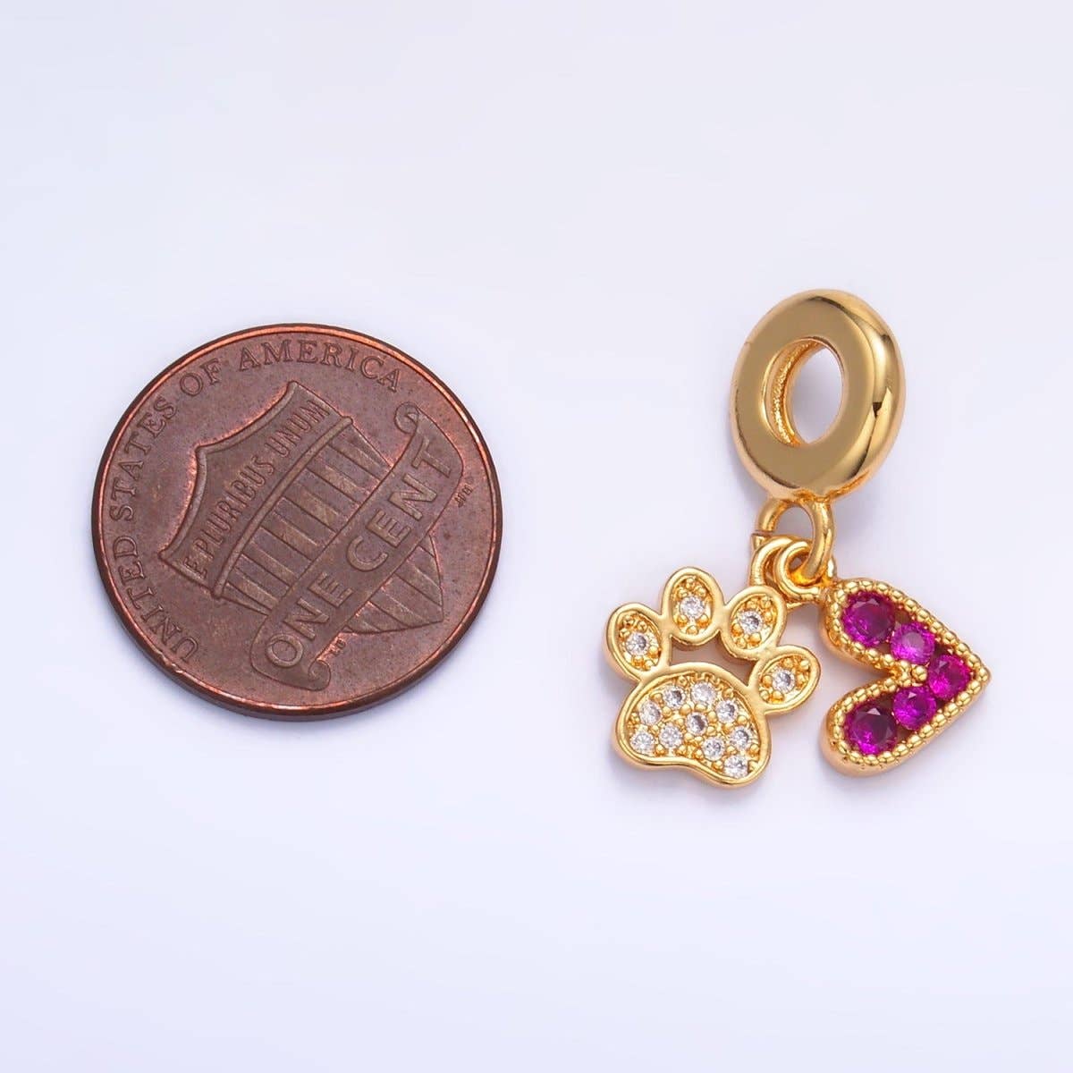 24K Gold Filled Micro Paved CZ Pink Heart Clear Pawprint Rhondelle Drop Pendant