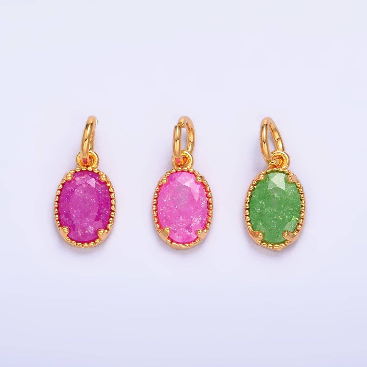 24K Gold Filled Green, Pink, Fuchsia Glitter CZ Oval Charm | W280 W281