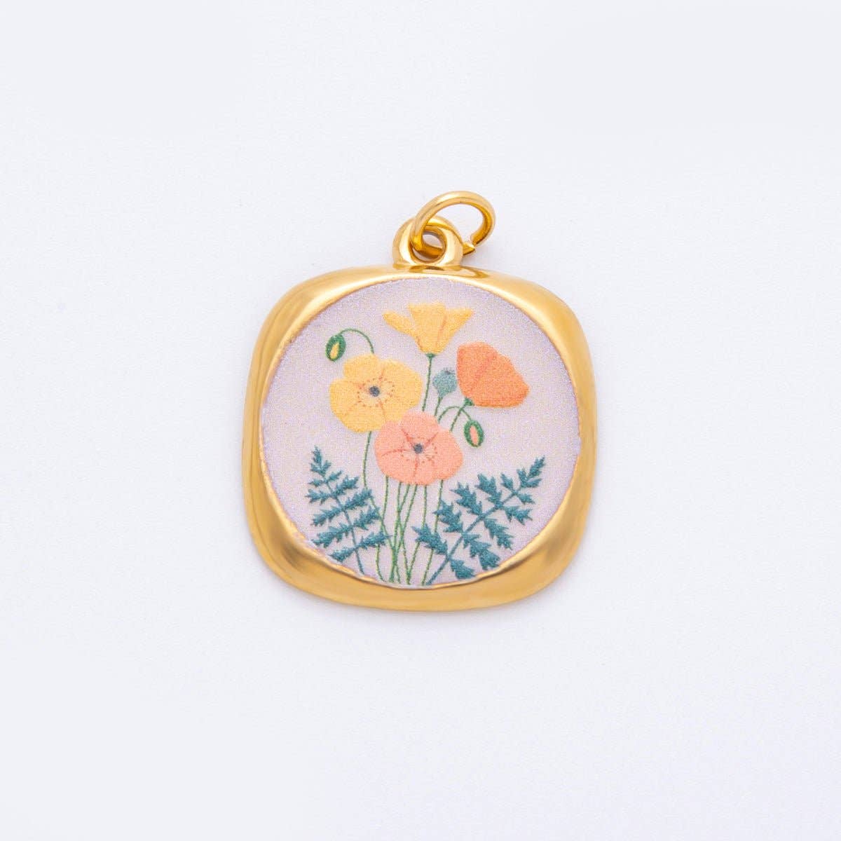 Gold Stainless Steel 25mm Hand-Painted Enamel Dreamy Theme Flower Charm
