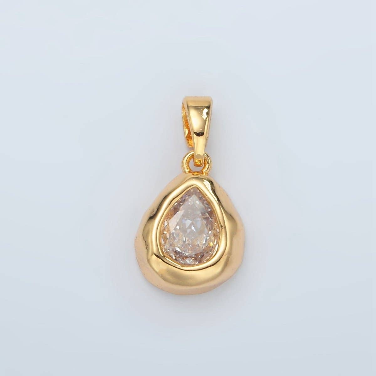 24K Gold Filled Clear CZ Teardrop Hammered Bezel Pendant