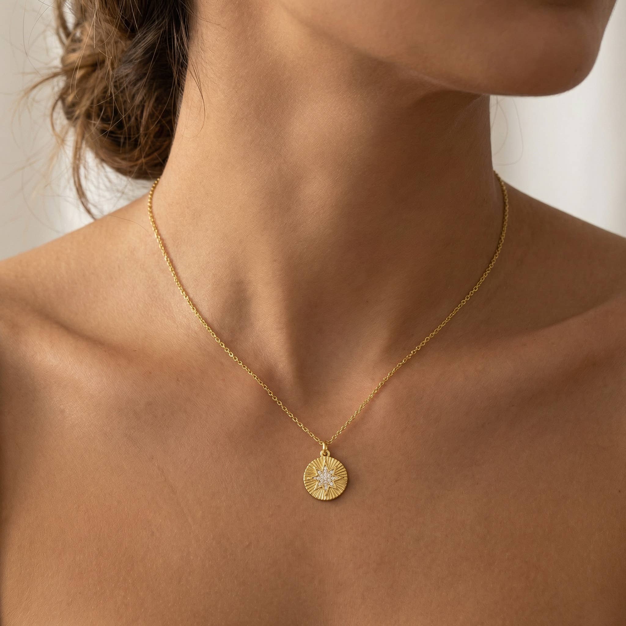 Gold CZ Starburst Medallion & Dainty Star Charm