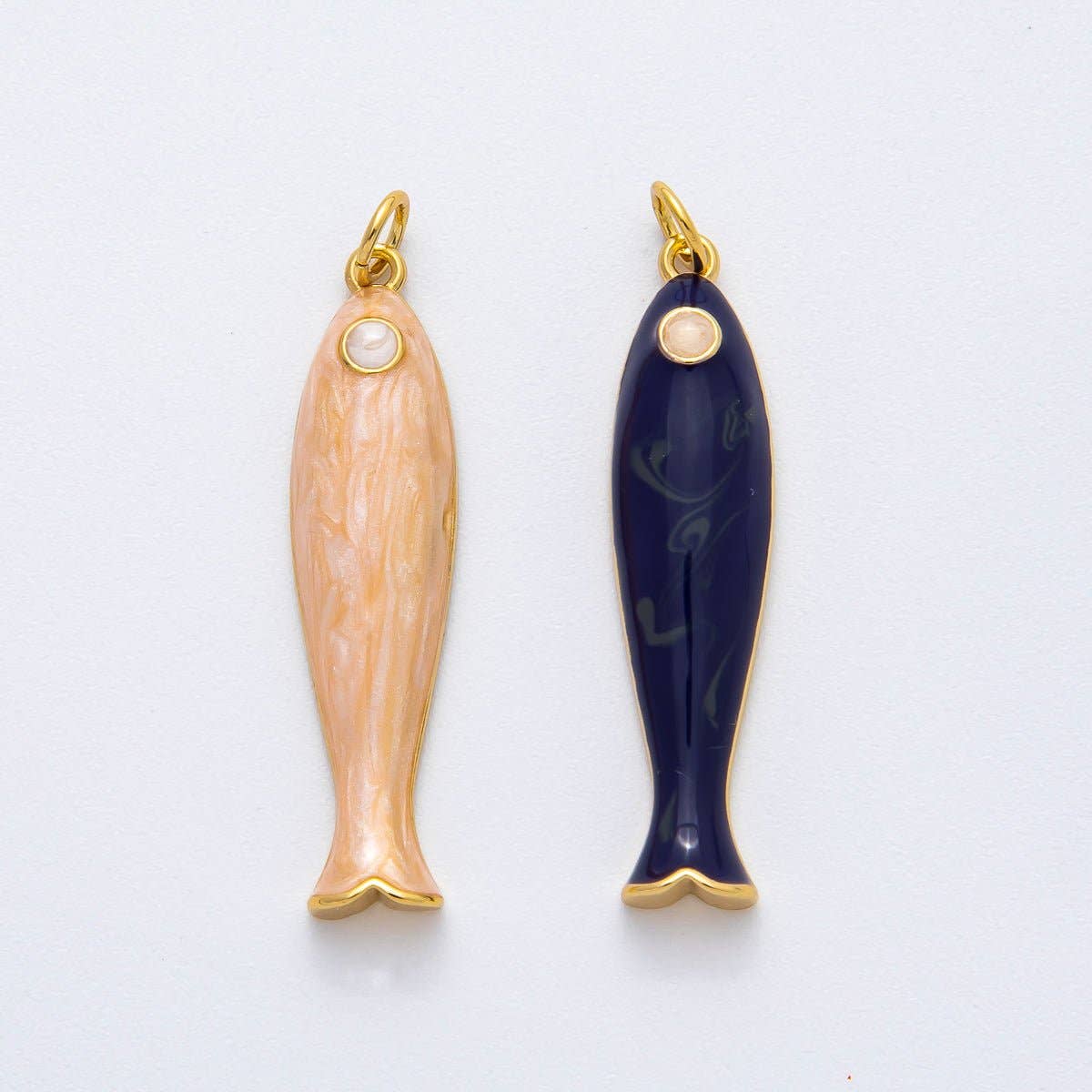18K Gold Filled 38mm Blue, Champagne Enamel Fish Sardine Charm | AF1309