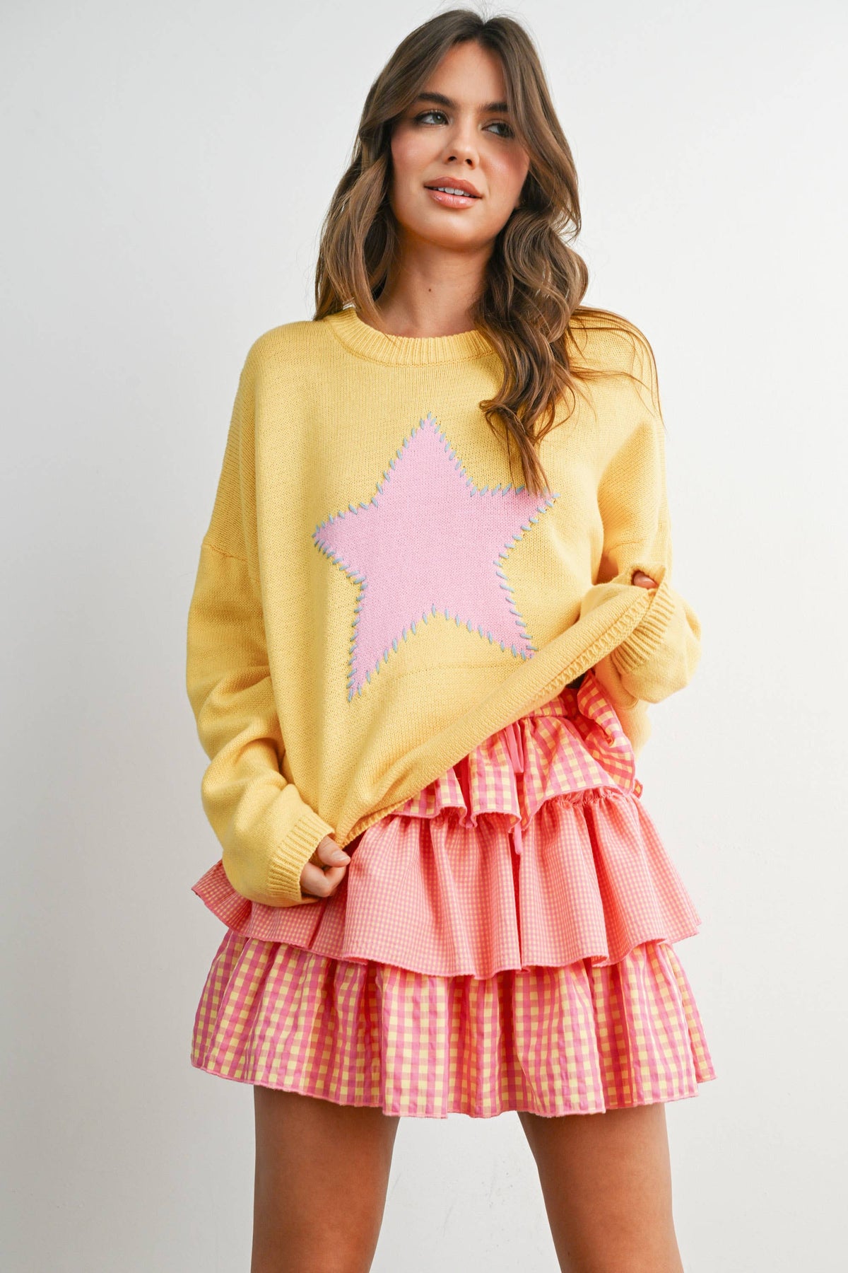 Drop Shoulder Star Pattern Sweater - BMW7756