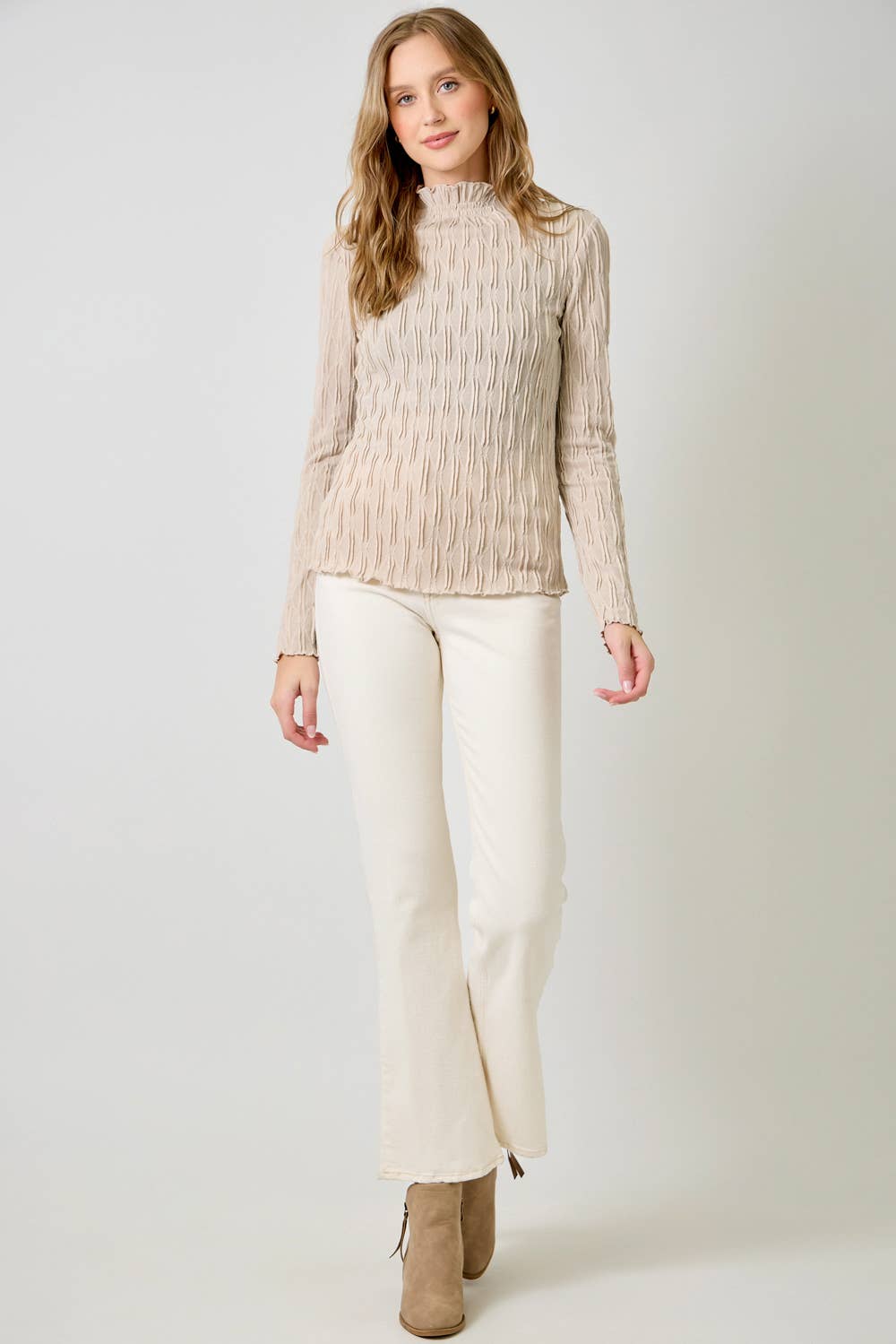 61147 Lettuce Edge Textured Knit Top