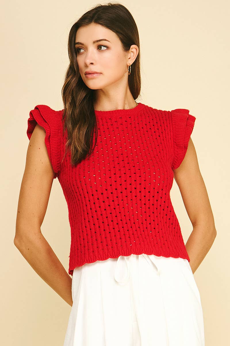 RUFFLE SLEEVE OPNE-KNIT TOP