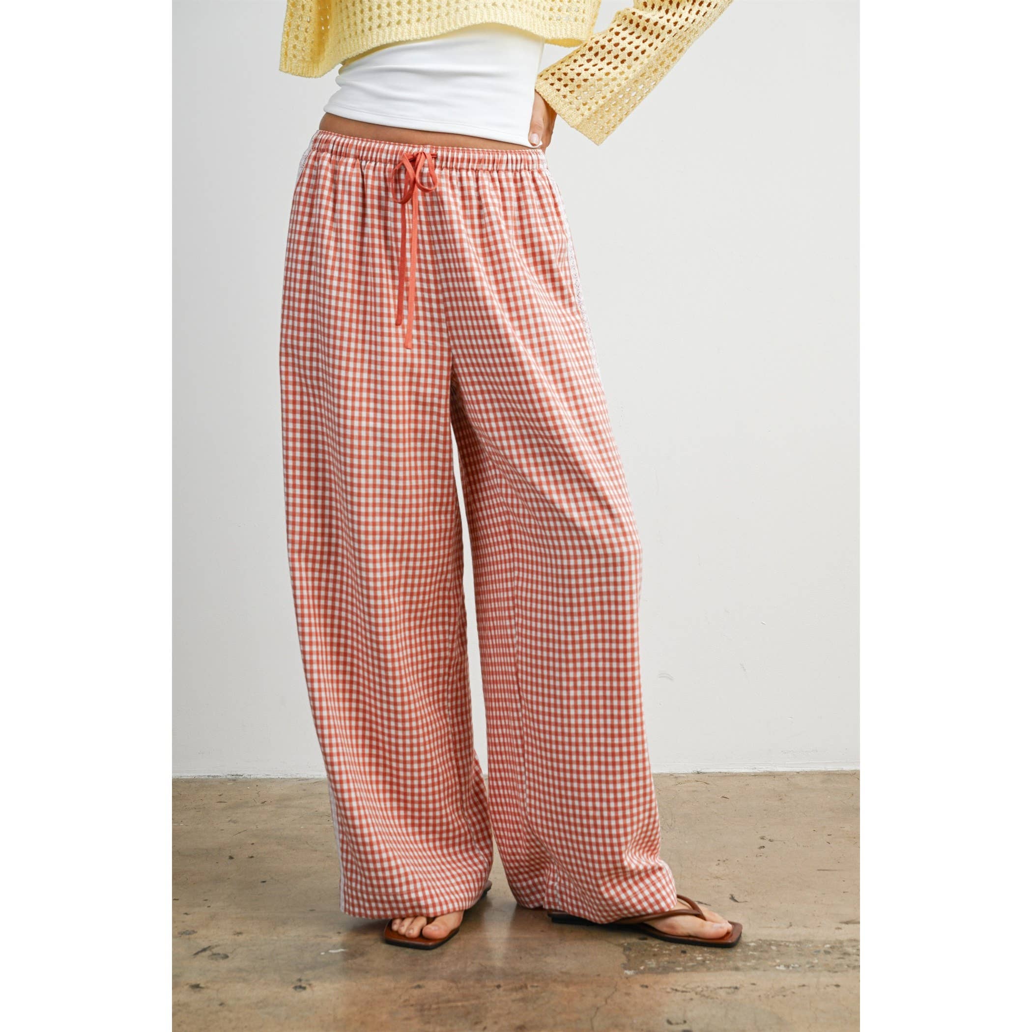 Terracotta Gingham Wide-Leg Lounge Pants-BMP8075