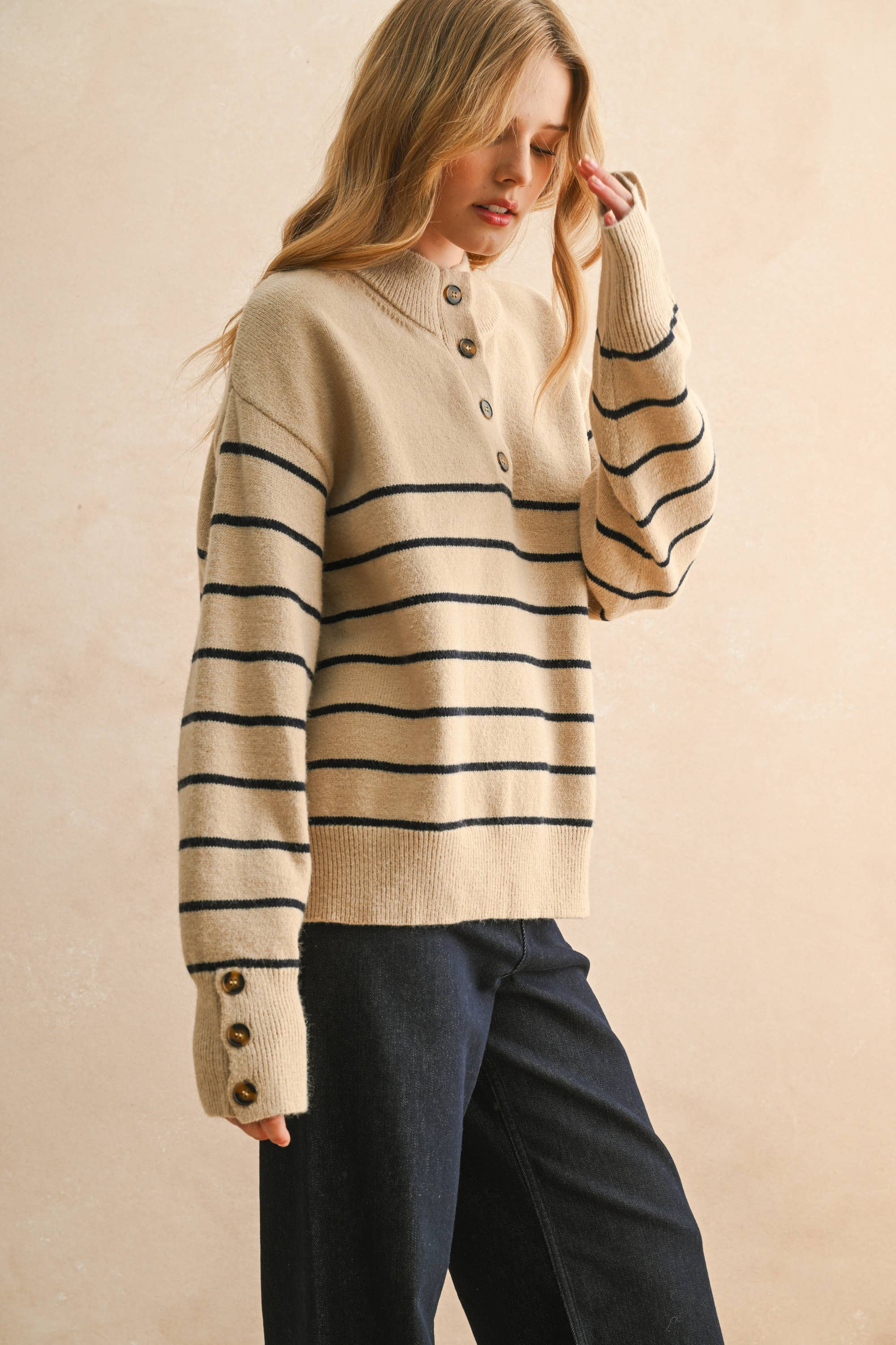 STRIPED HALF BUTTON UP SWEATER TOP