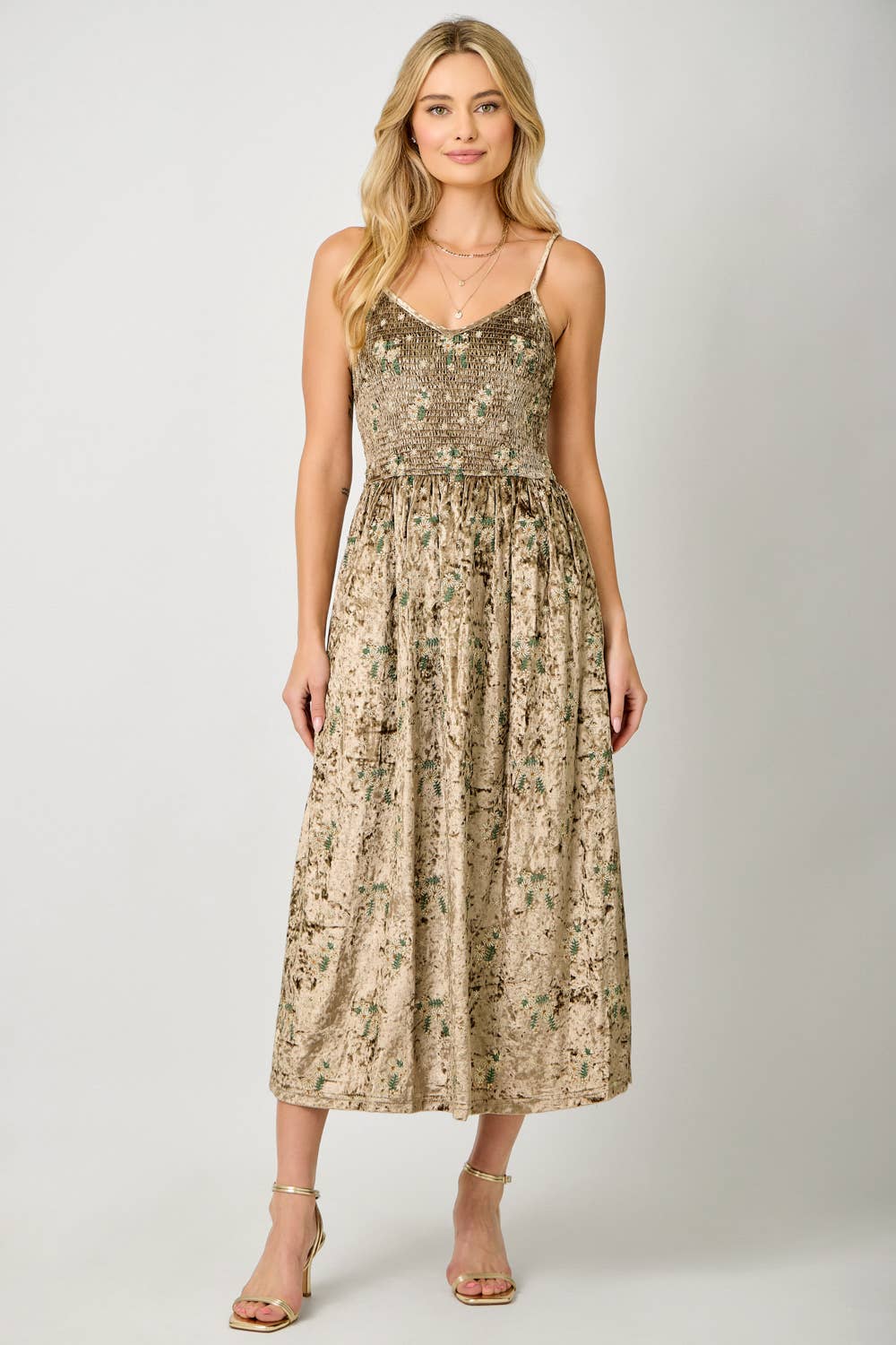 Embroidered Velvet Smocked Dress