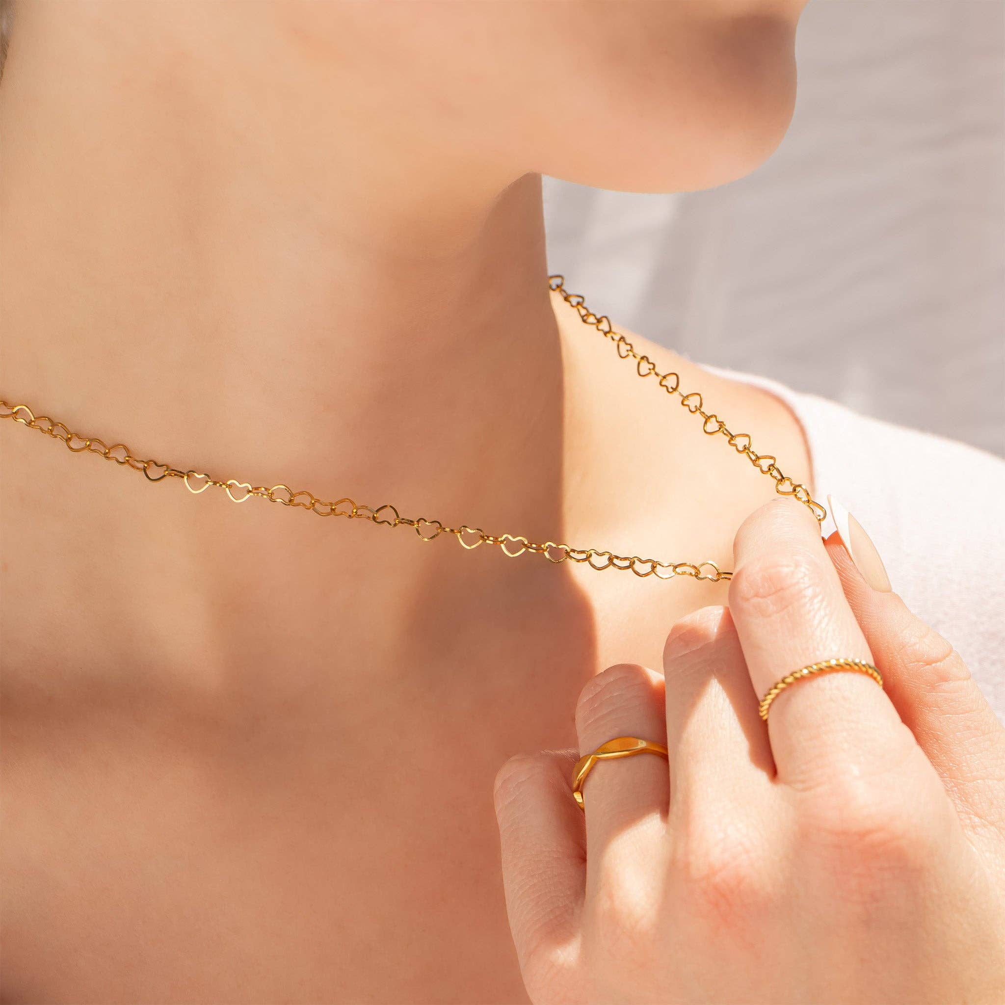 18K Gold PVD Stainless Steel Linked Heart Chain Necklace