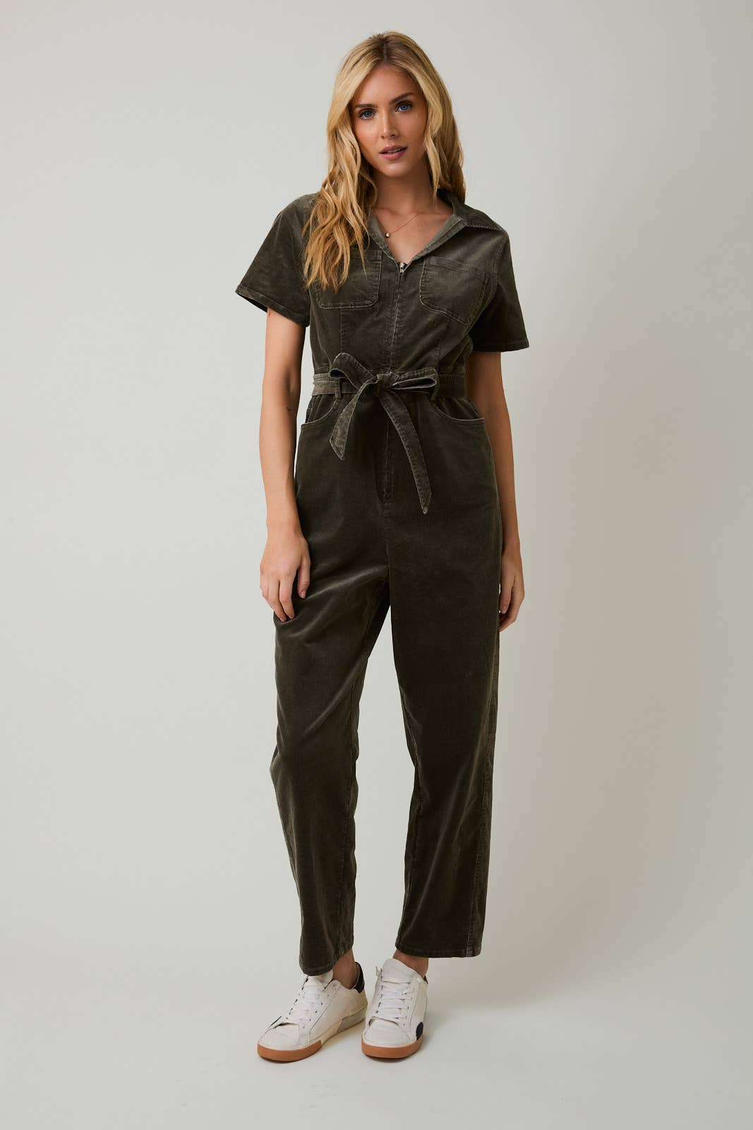 HALF SLEEVE ZIP UP UTILITY JUMPSUIT