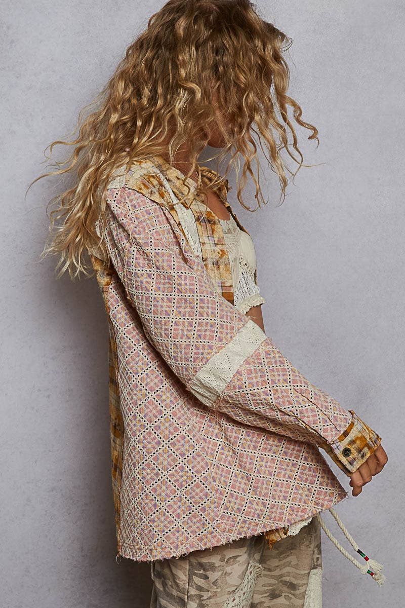 Oversized long sleeve lace contrast shirt in plaid