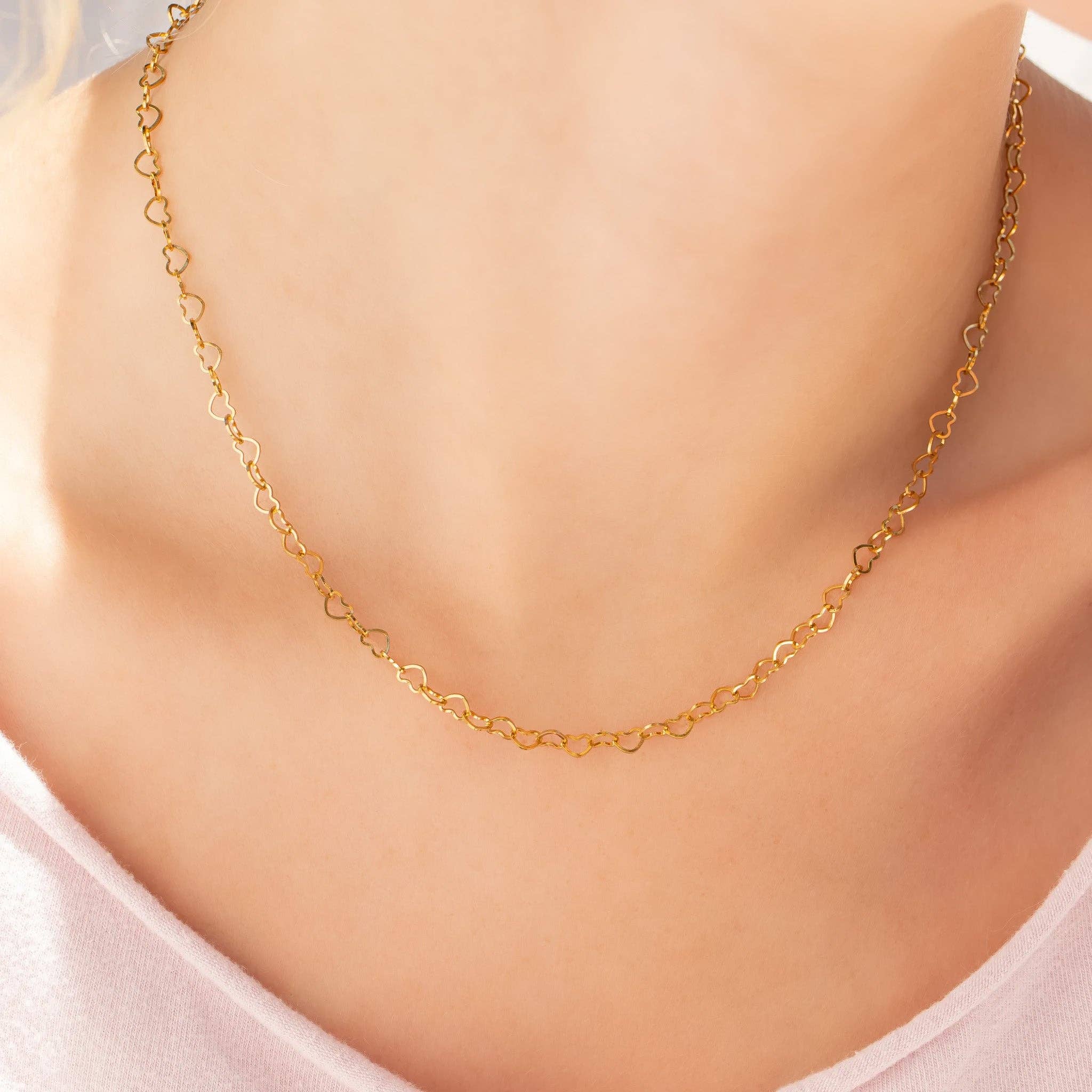 18K Gold PVD Stainless Steel Linked Heart Chain Necklace