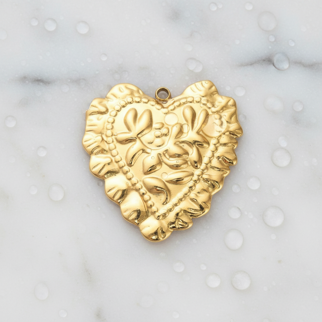 Gold Scalloped Flora Heart Charm | Waterproof Stainless Steel