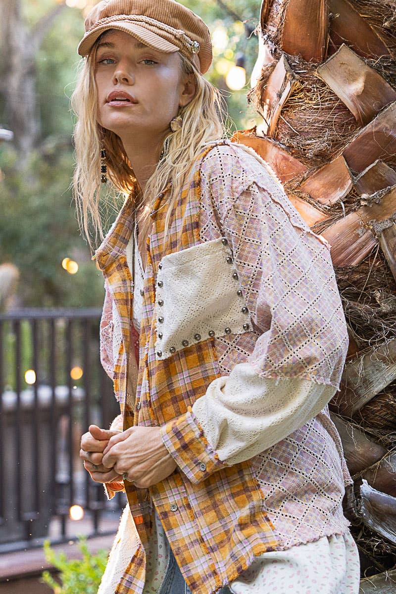 Oversized long sleeve lace contrast shirt in plaid