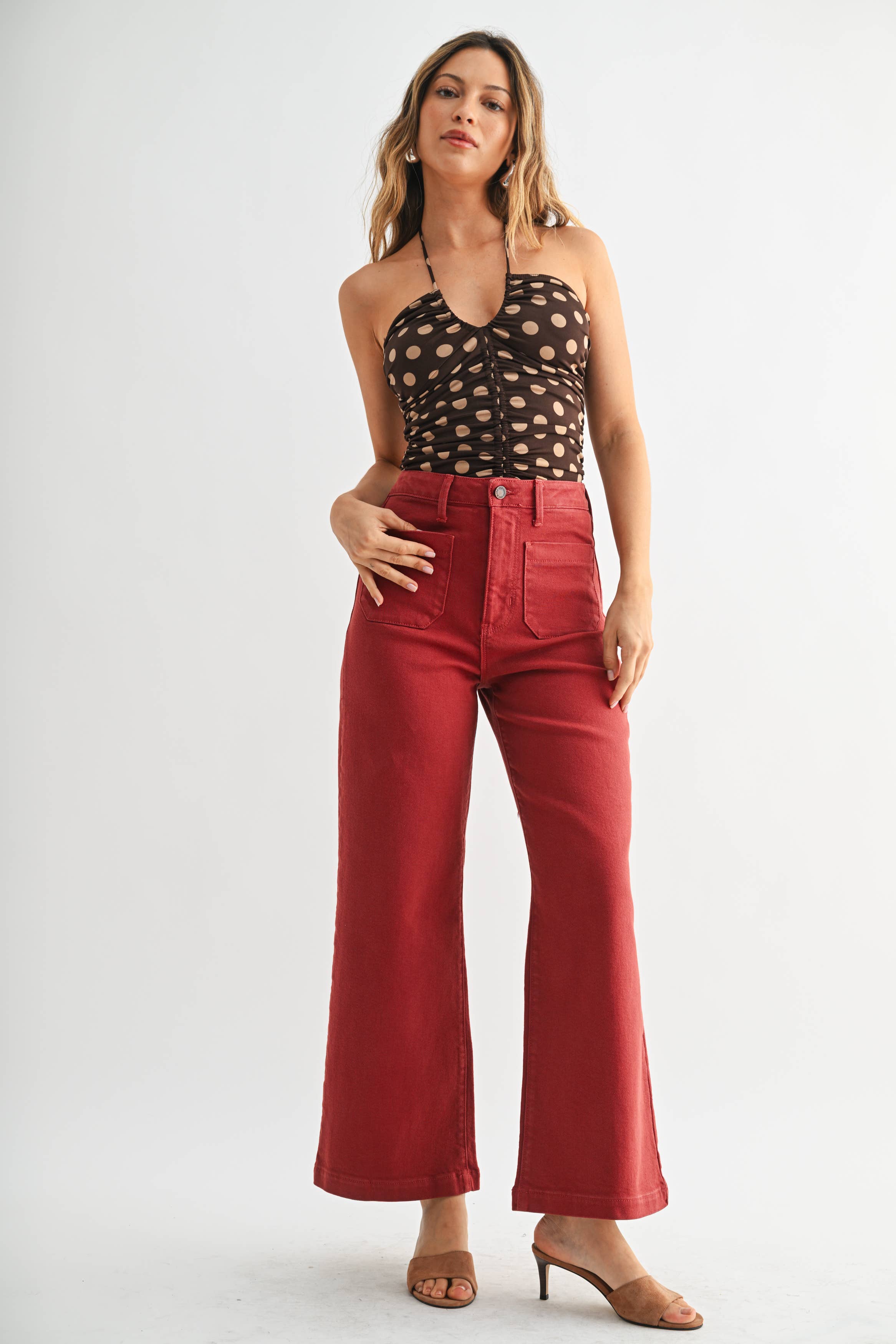 Just Black Denim Burgundy - Patch Pocket Wide Leg