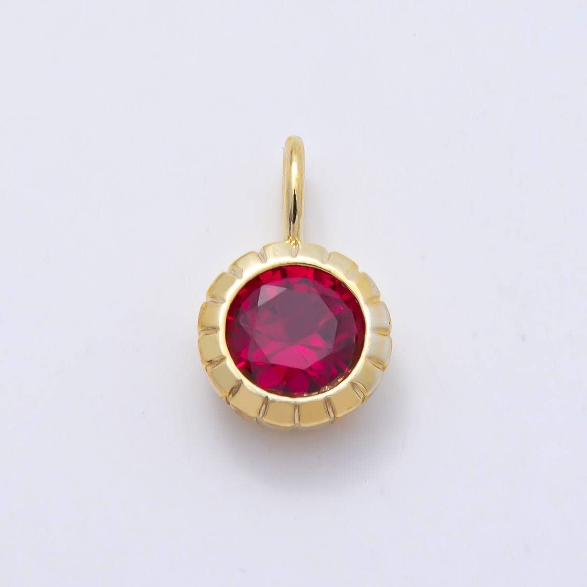 16K Gold Filled 17mm Birthstone Round CZ Ribbed Bezel Mini Pendant | Charms-01113 ~ Charms-01124