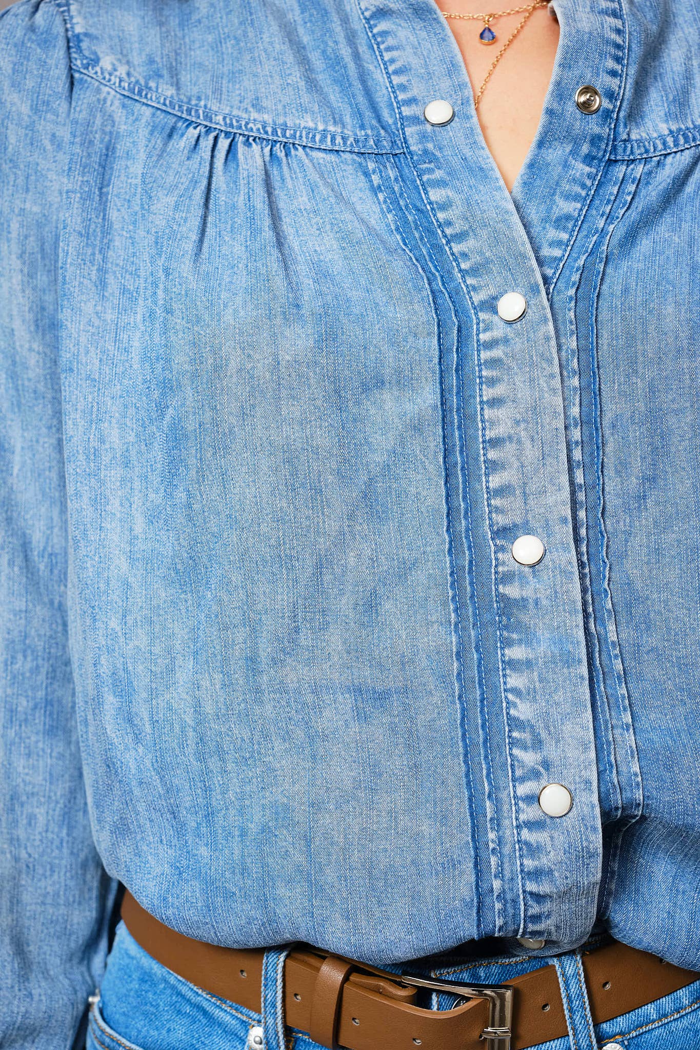 Ruffle Neck Denim Snap Button Shirt