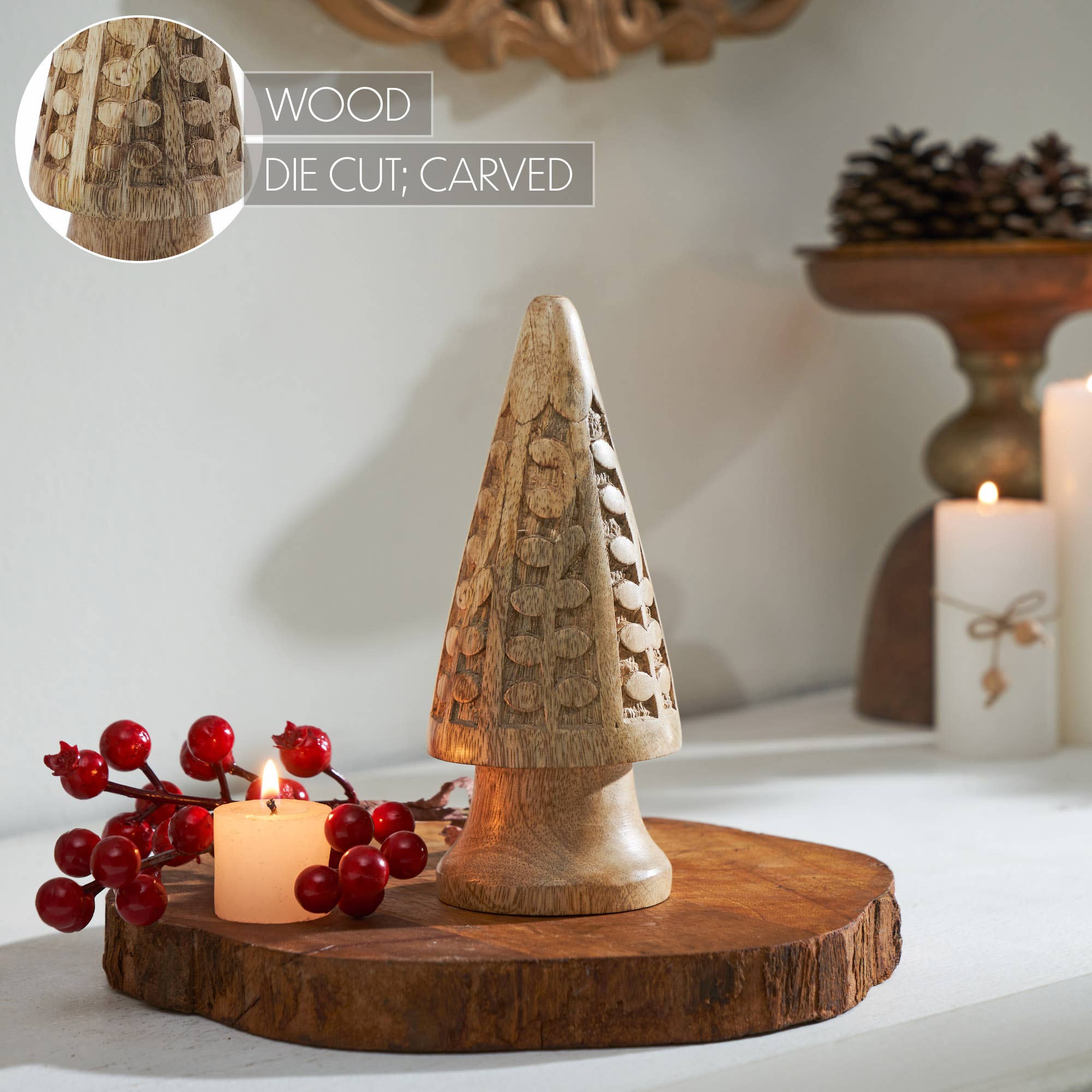 Natural Wooden Carved Cone Tree Small 7.25x3x3