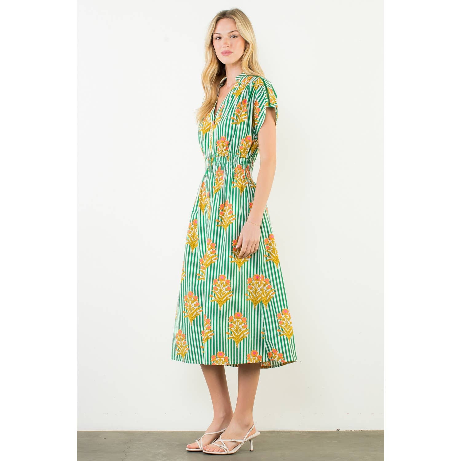 Short Sleeve Striped Floral Pattern Dress