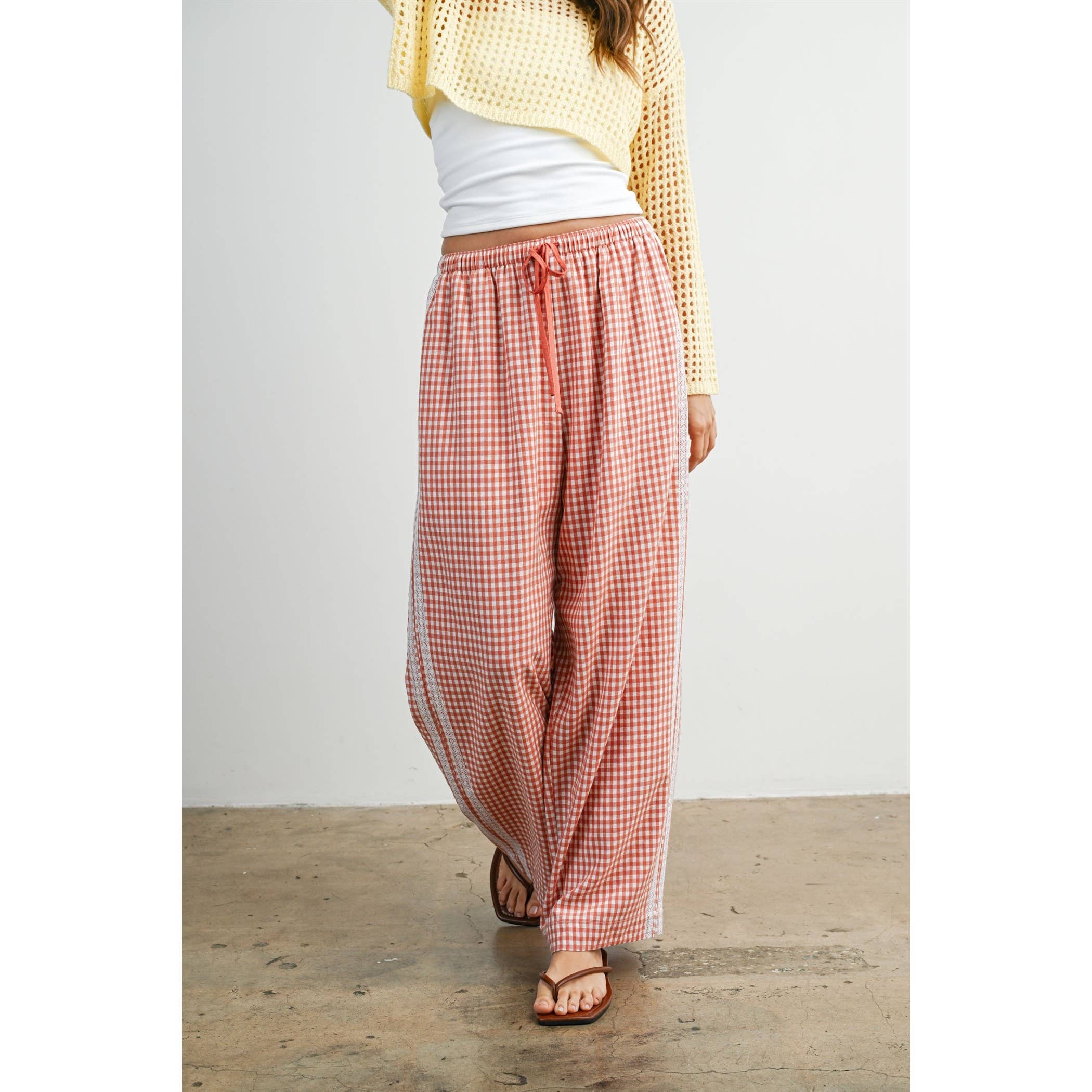 Terracotta Gingham Wide-Leg Lounge Pants-BMP8075