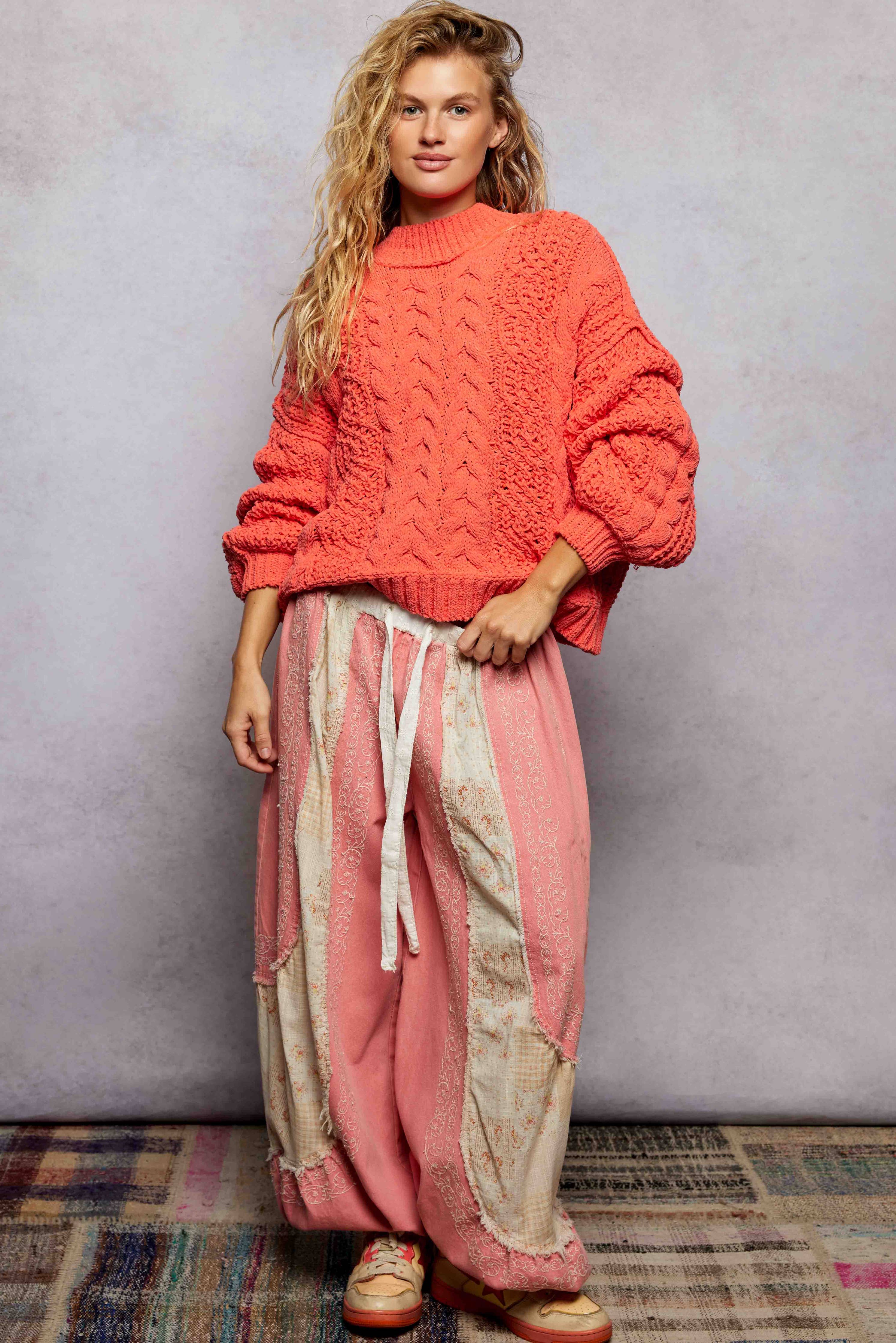 Mock Neck Balloon Sleeve Cable Knit Pullover Sweater