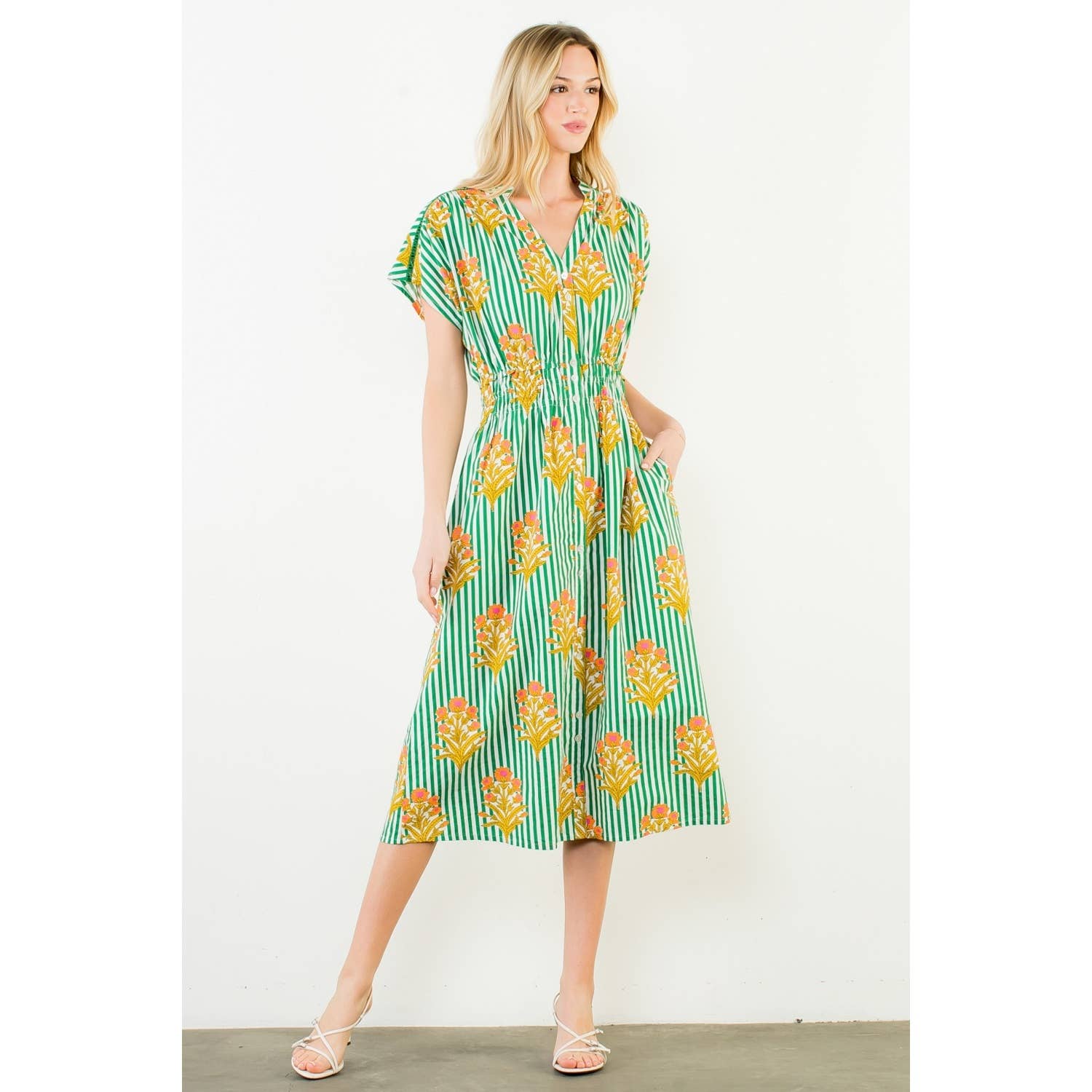 Short Sleeve Striped Floral Pattern Dress