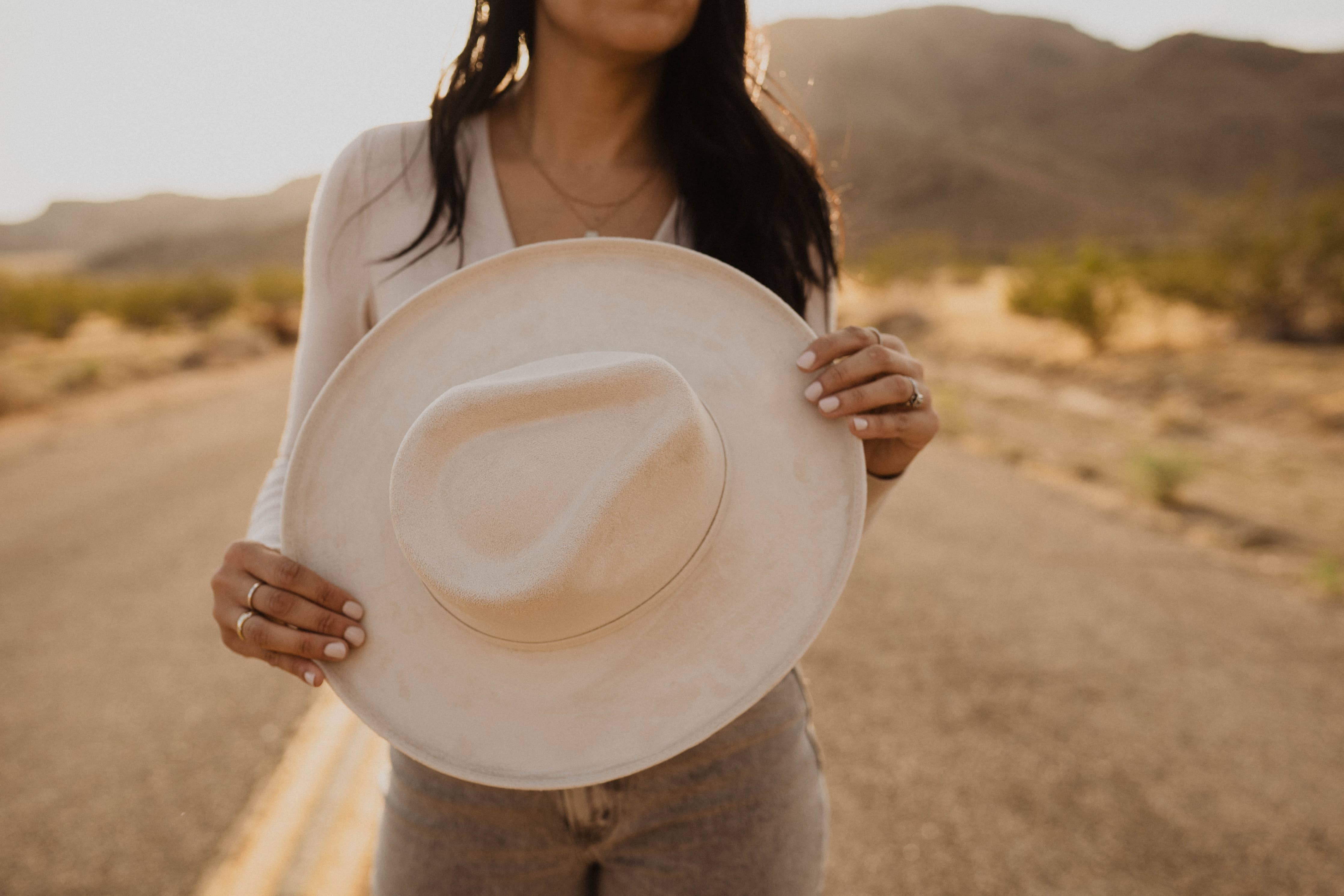 Pencil Curl Stiff Brim Fedora Hat: Nude