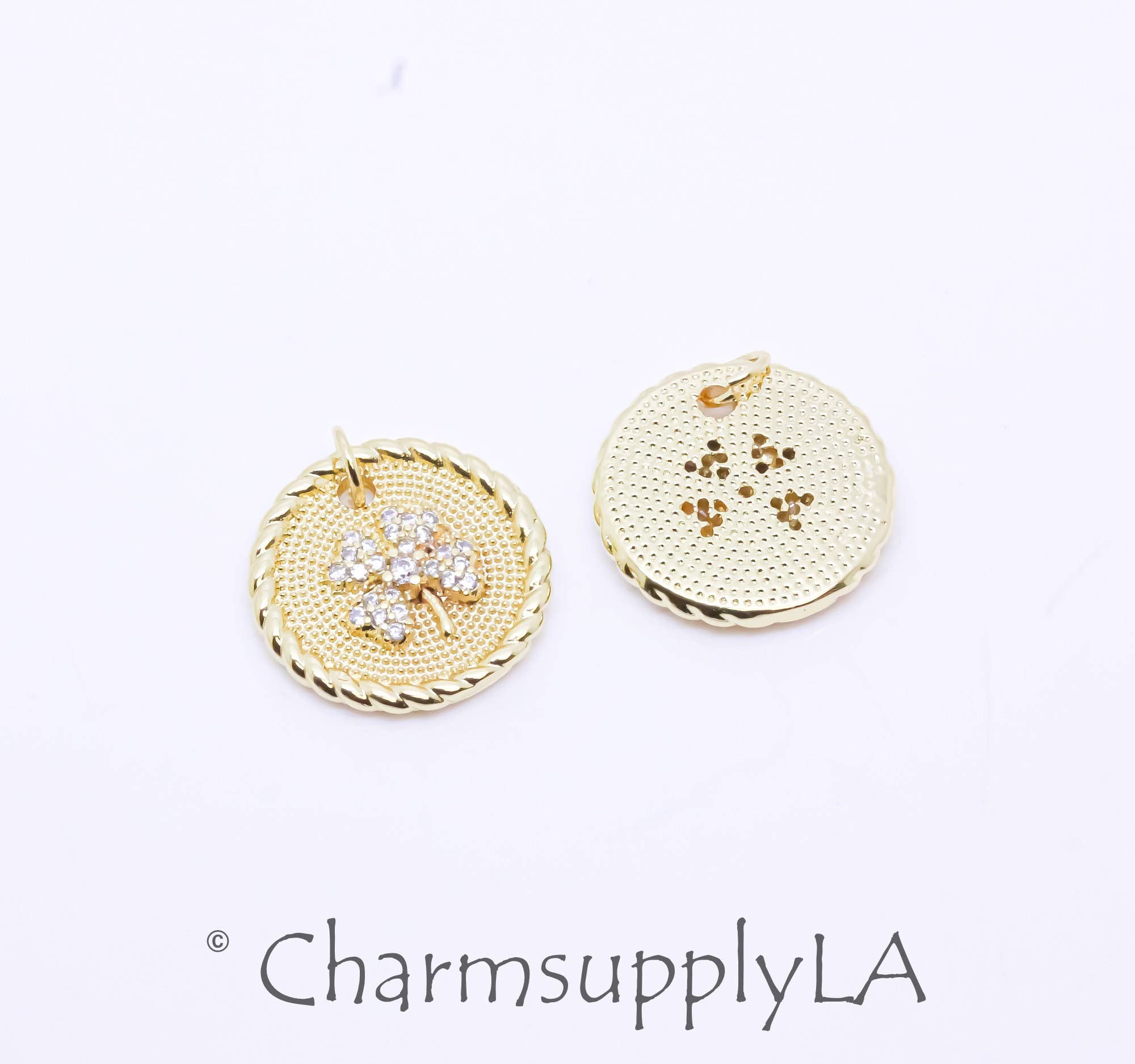 Four Leaf Clover CZ Pendant & Gold Shamrock Charms