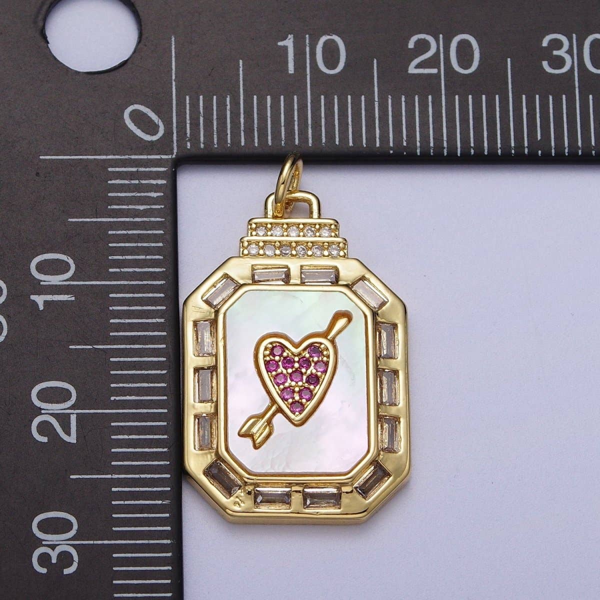 24K Gold Filled Shell Pearl Cupid Arrowed Heart Micro Paved Baguette CZ Octagonal Charm | C-209