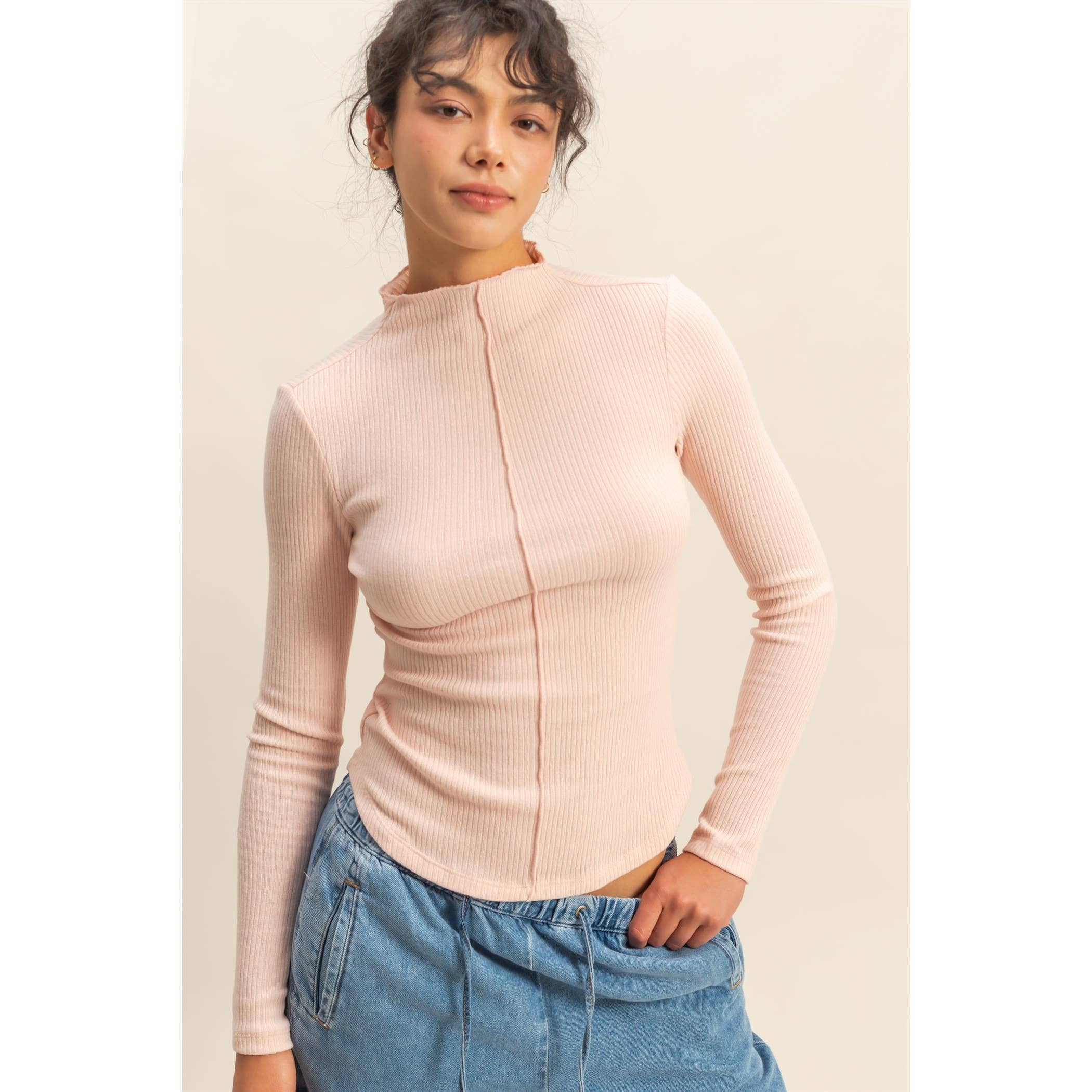 Ribbed High Neck Seam Detail Long Sleeve Top