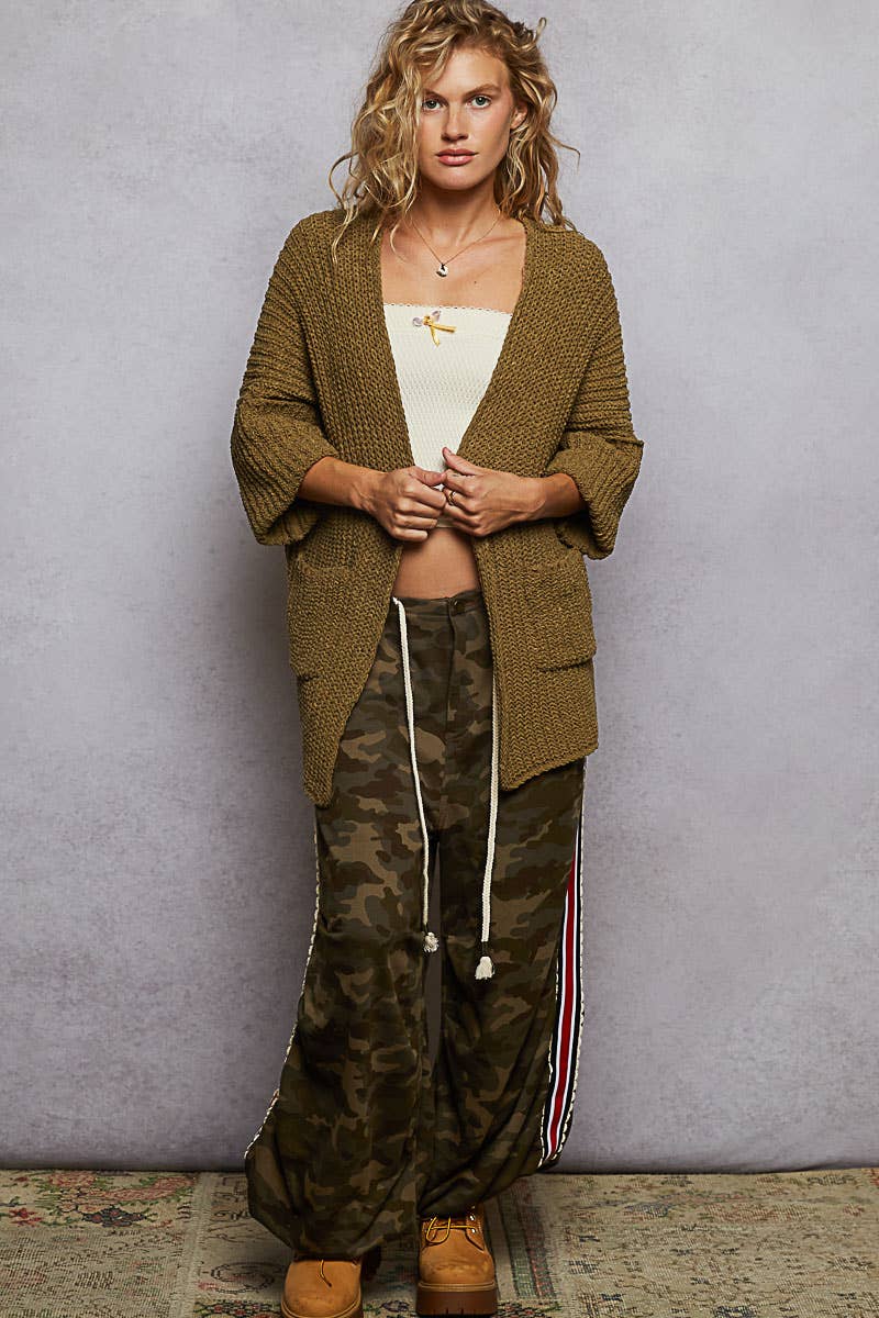 Long Sleeve Pockets Solid Chenille Sweater Cardigan