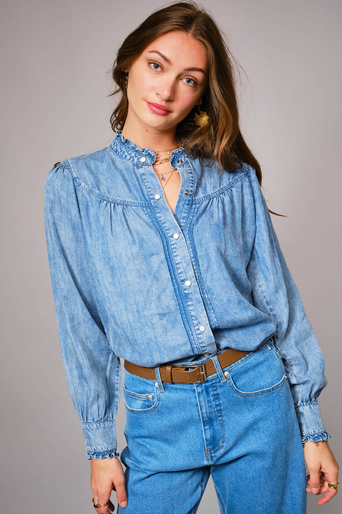 Ruffle Neck Denim Snap Button Shirt