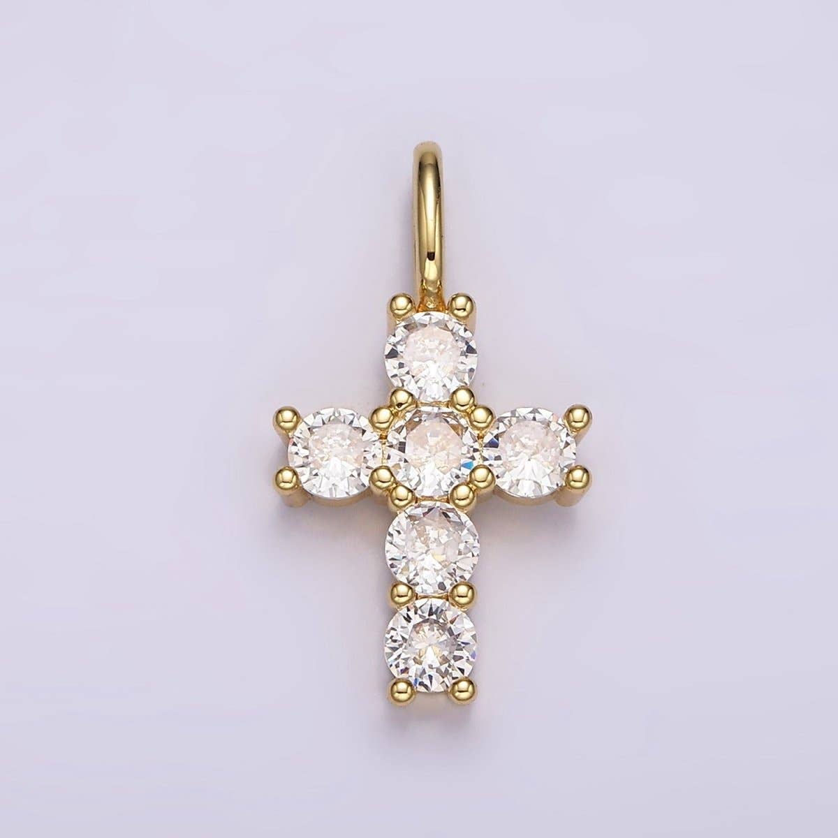 14K Gold Filled 25mm Clear CZ Round Lined Cross Pendant