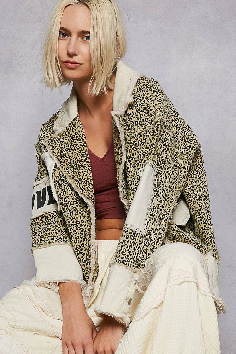 Colorblocked twill patch studded back heart jacket