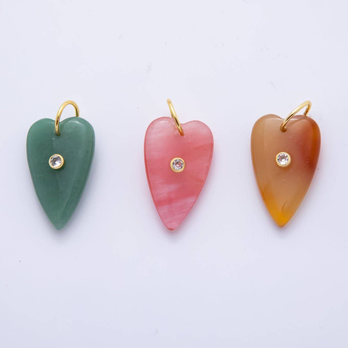 18K Gold Filled 35mm Carnelian, Aventurine, Quartz Long Heart Gemstone Charm | AH890 AH891
