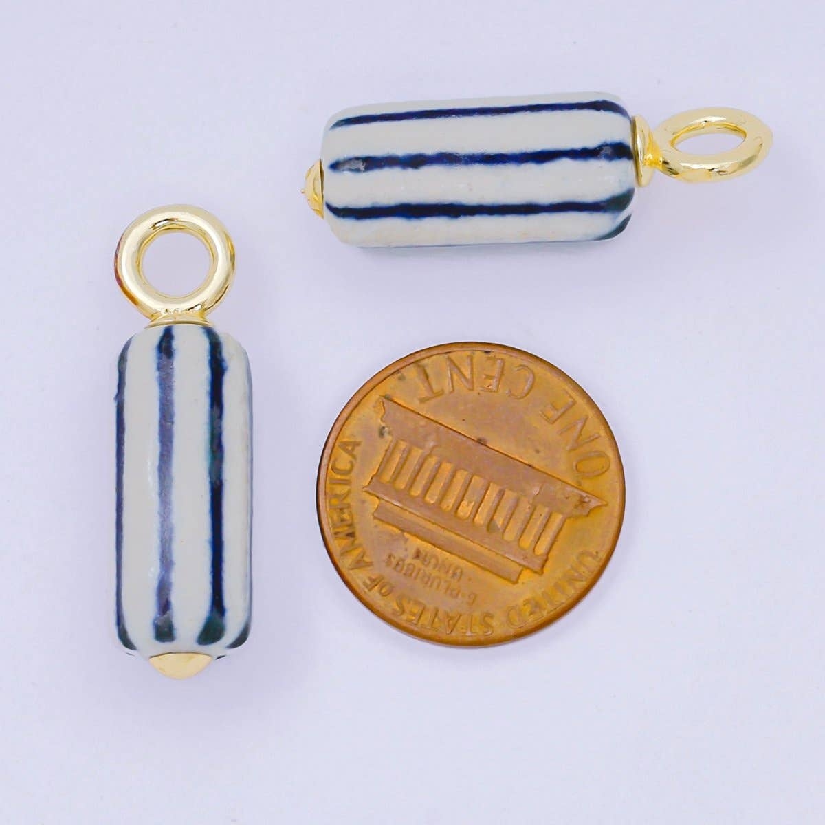24K Gold Filled 28.5mm Blue-White Linear Cylinder Porcelain Drop Charm