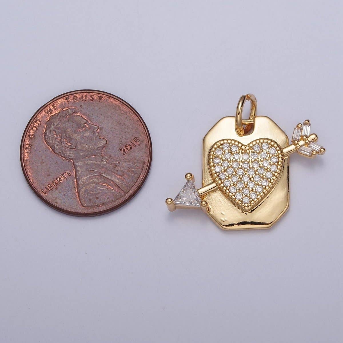 Micro Paved CZ Heart Cupid's Arrow Hexagonal Tag Charm