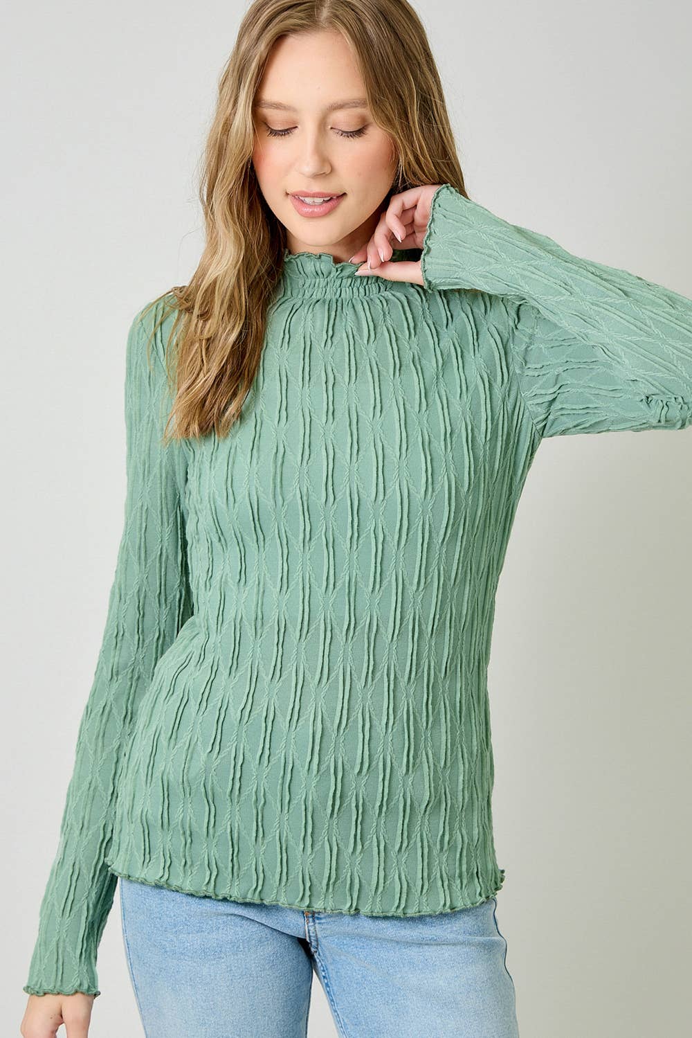 61147 Lettuce Edge Textured Knit Top