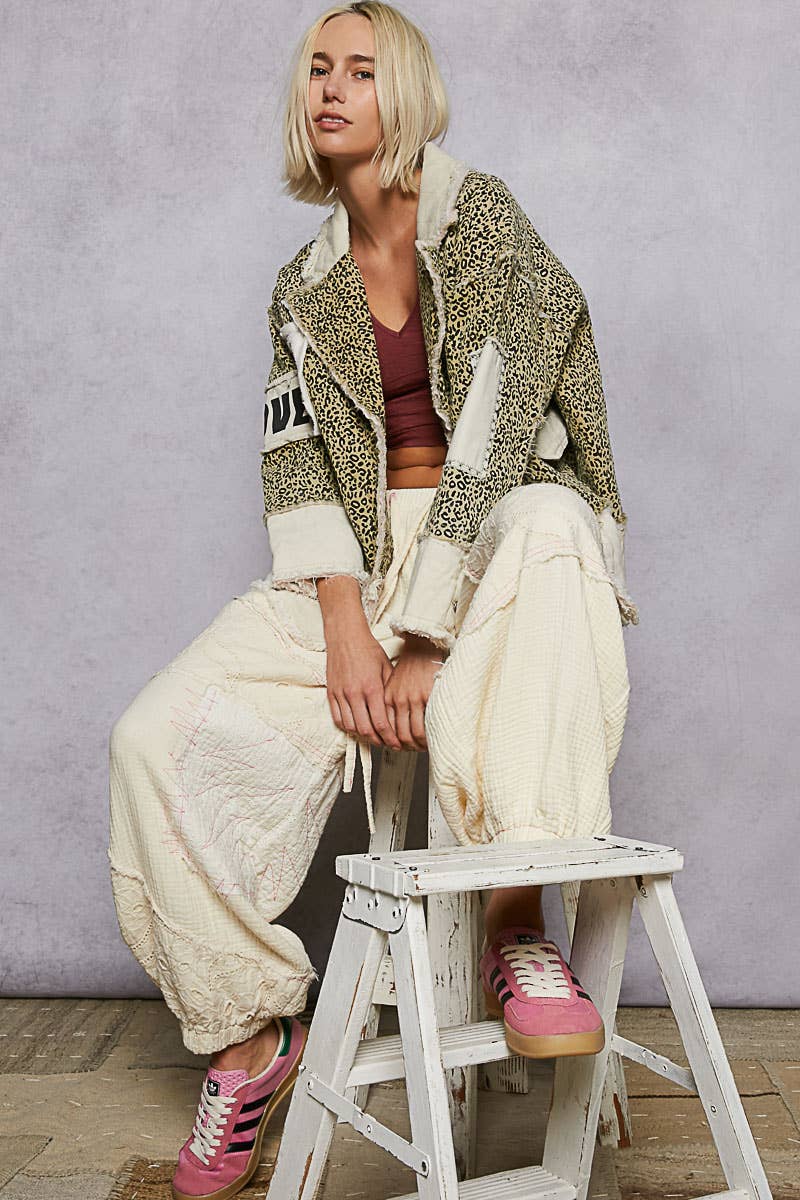 Colorblocked twill patch studded back heart jacket