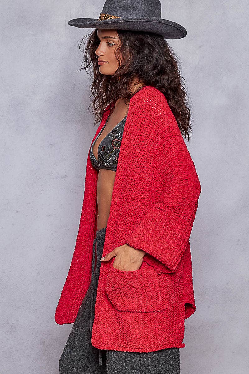 Long Sleeve Pockets Solid Chenille Sweater Cardigan