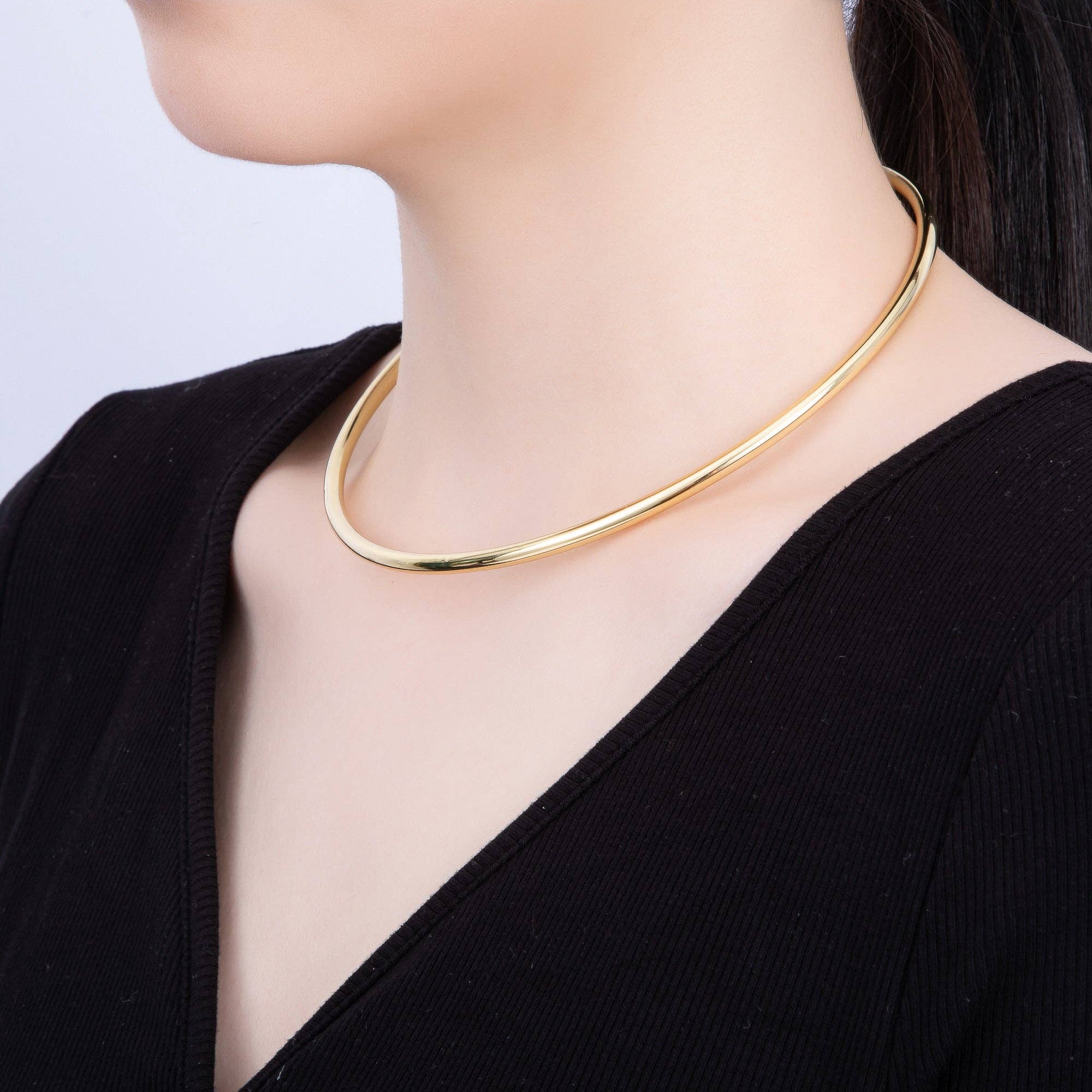 NEW SUMMER 16K Gold Filled 4mm Minimalist Thick Wide Tube Torque Choker Floating Collar Necklace | WA-04277