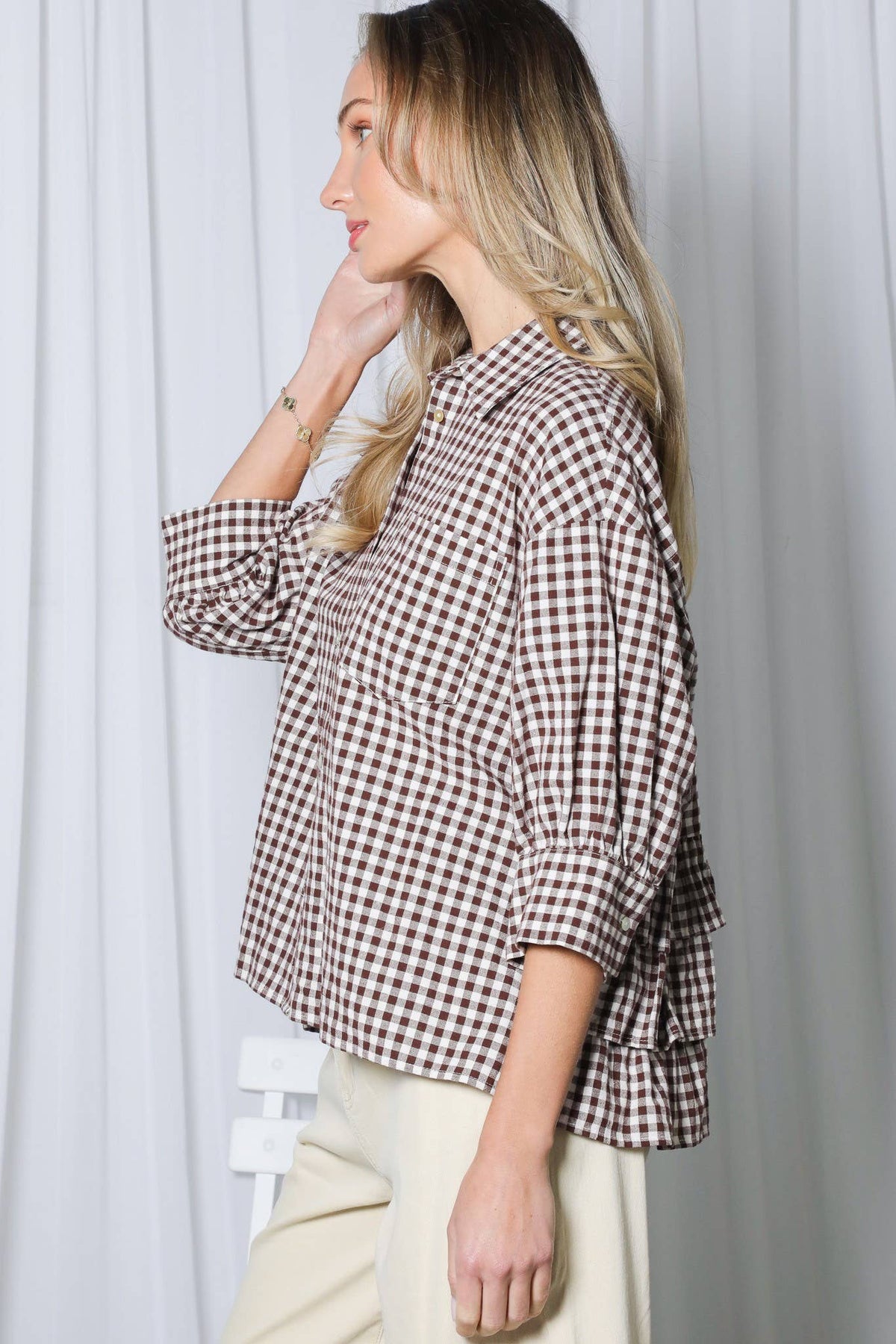 Gingham Puff Sleeve Ruffle Accent Top