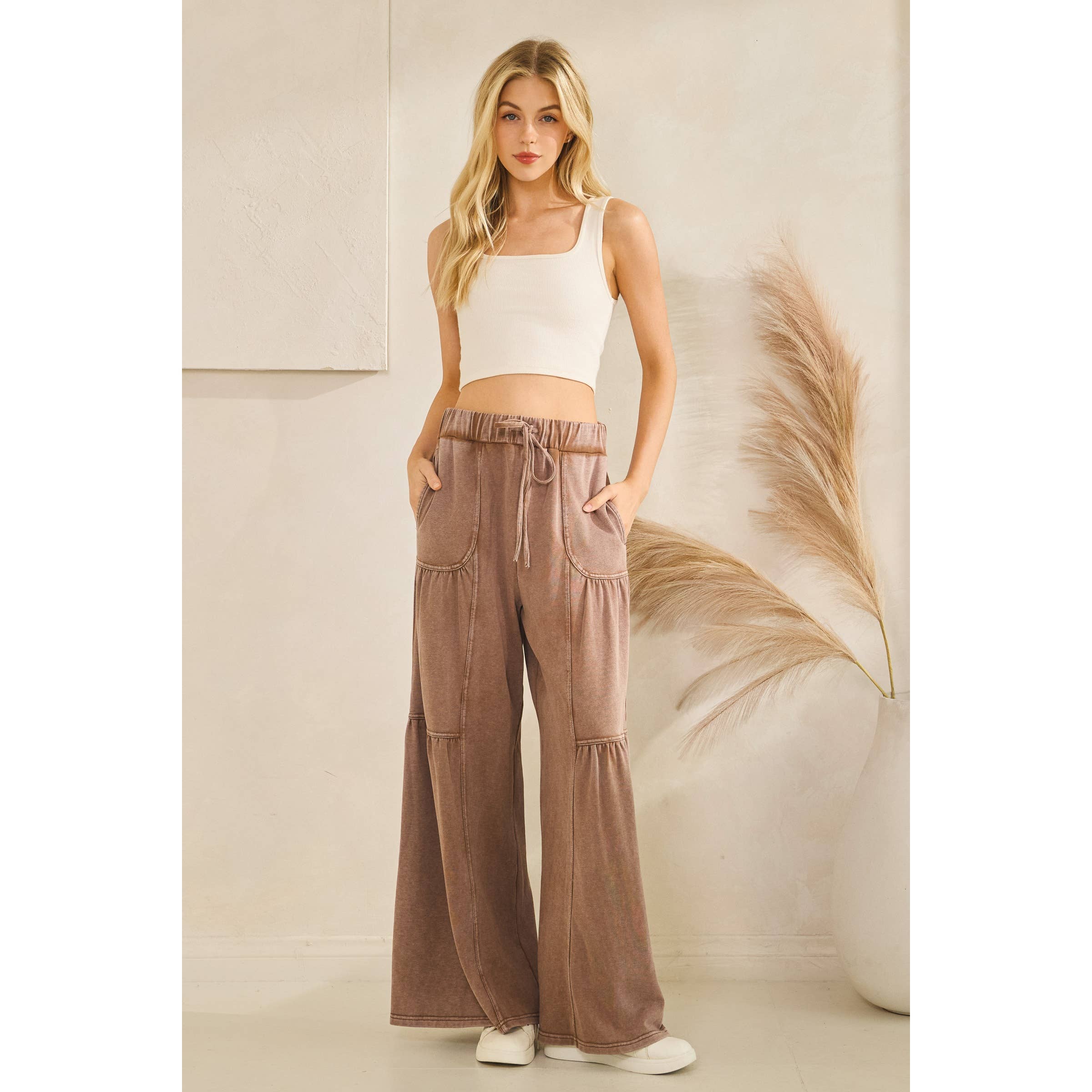 WASHED TIERED WIDE-LEG DRAWSTRING PANTS