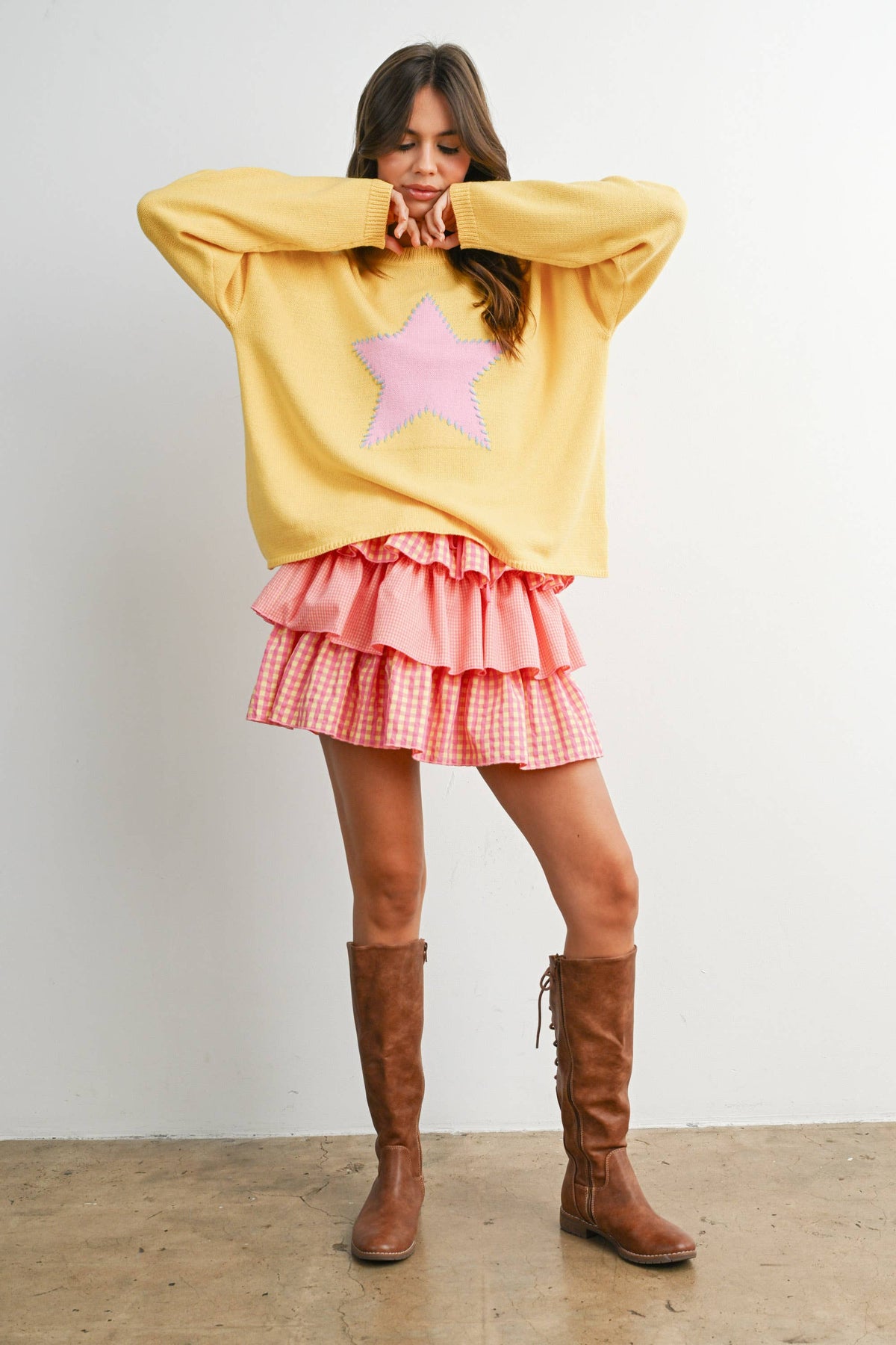 Drop Shoulder Star Pattern Sweater - BMW7756