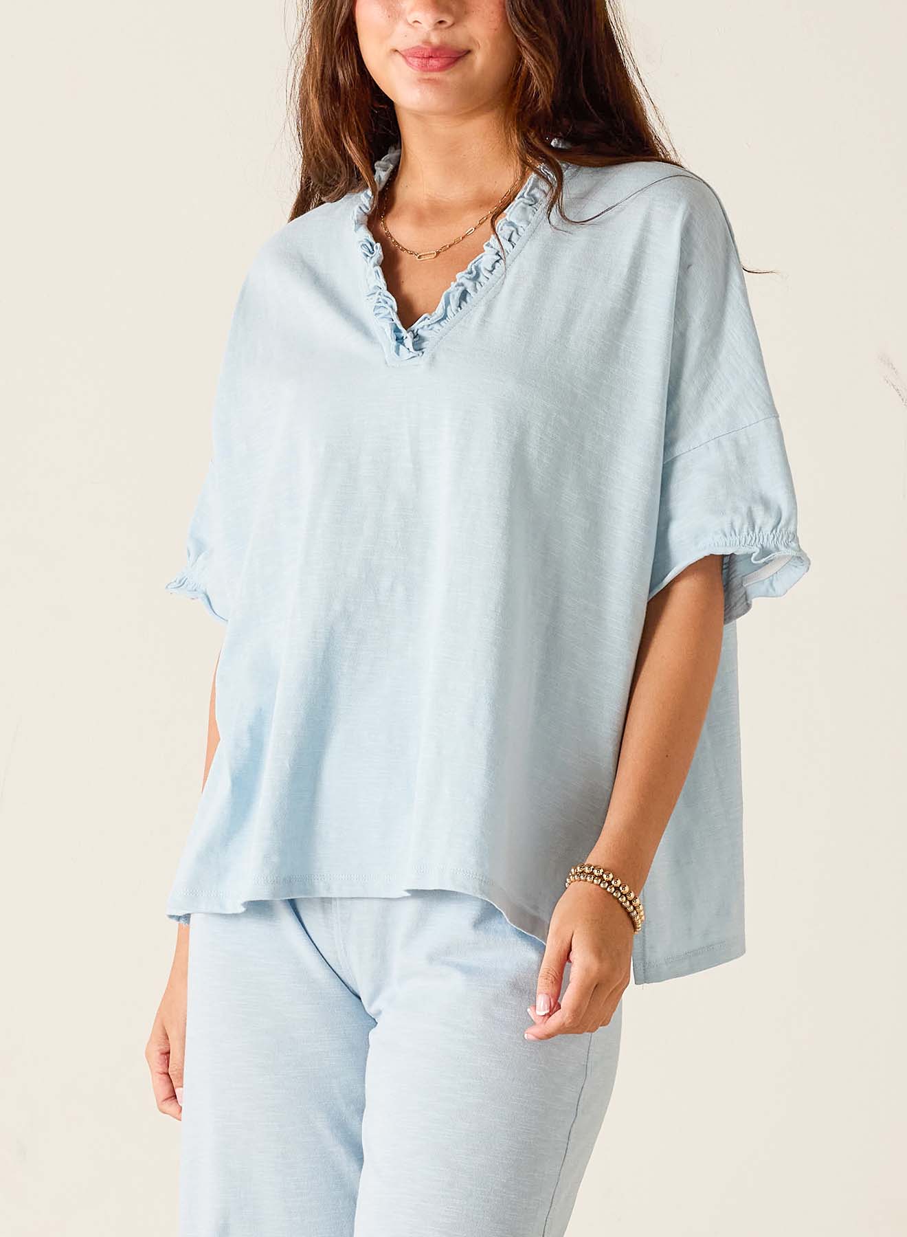 Amelia Ruffle Tee - Niagara Mist